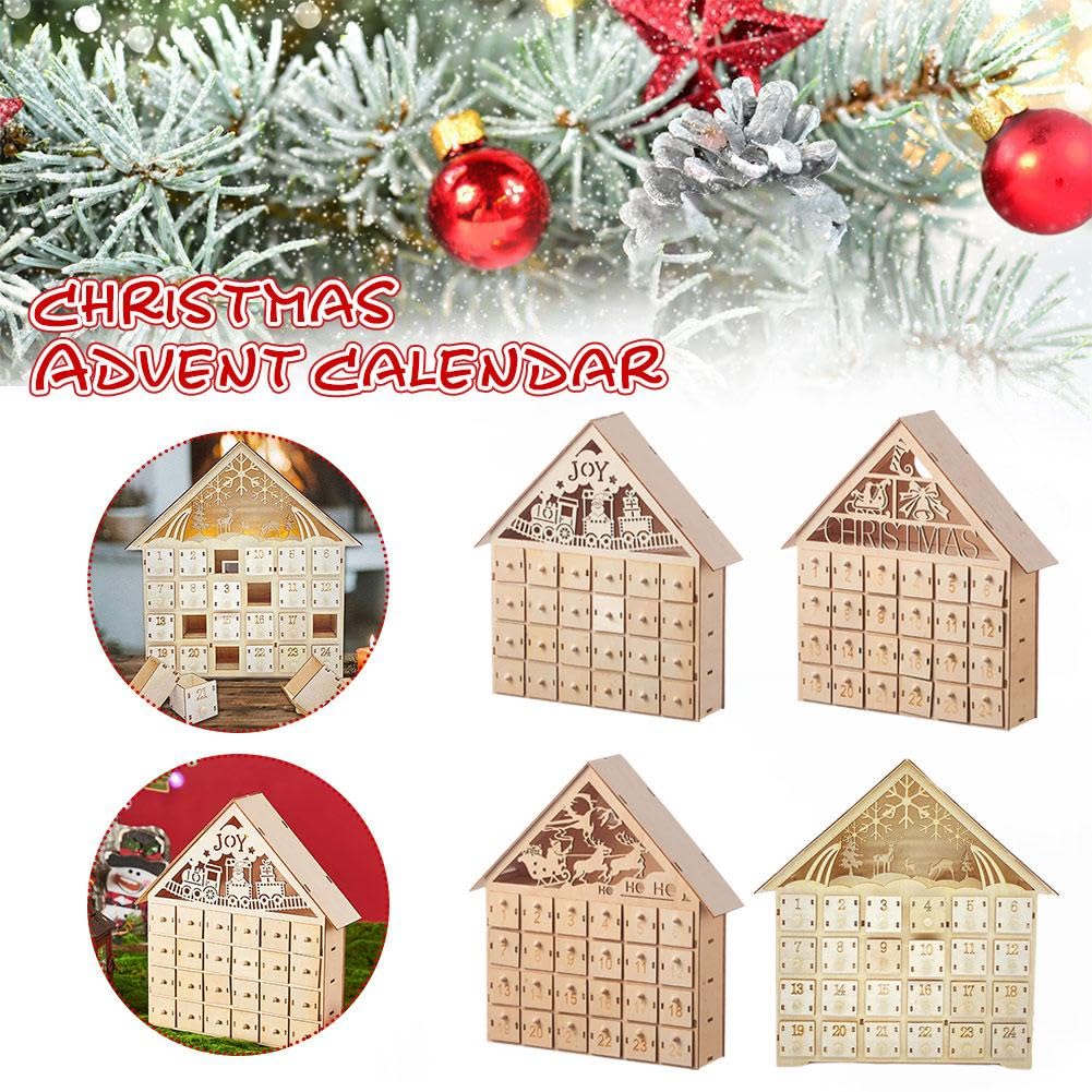 Holz Weihnachten Adventskalender, 24 Tage Adventskalender LED Holz Countdown bis Weihnachtskalender, leuchtet DIY Adventskalender Leere Box für Weihnachten Urlaub