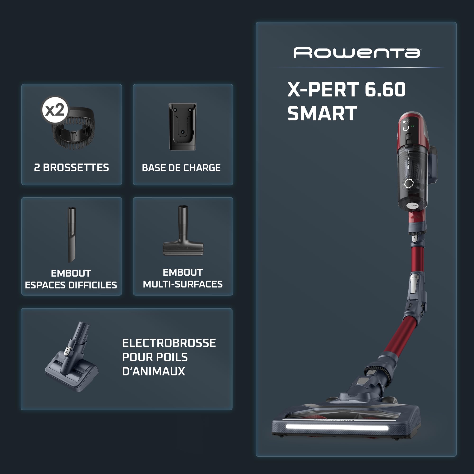 Rowenta X-Pert 6.60 Smart Aspirateur Balai sans fil, Tube Flex, Idéal pour les Poils D'animaux, Léger, Puissance 100W, Autonomie 45min, LED RH6471WO, Noir/Rouge