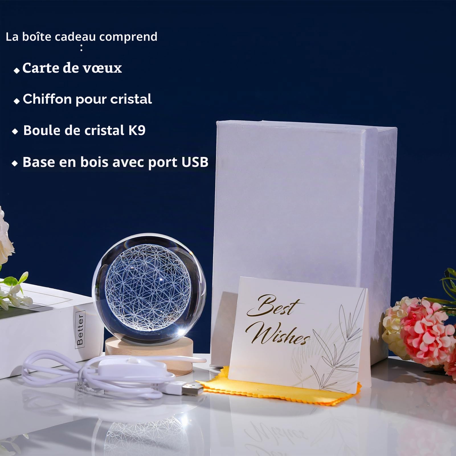 Arikyrist Boule de Cristal en Forme de Fleur de Vie gravée au Laser - Décoration d'intérieur - Géométrie sacrée - Presse-Papier - Cadeau pour Homme et Femme