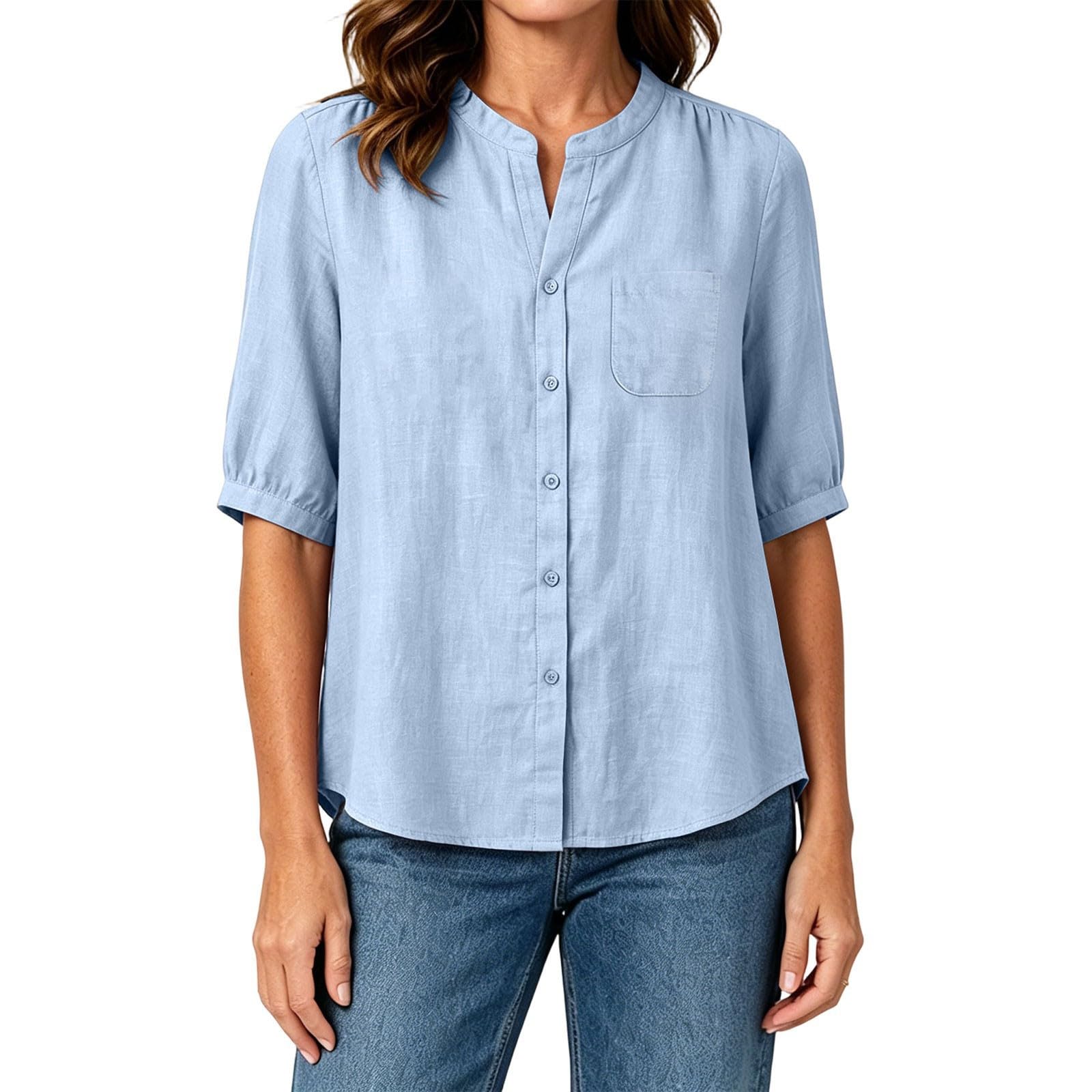 Leinenbluse Damen Musselin V-Ausschnitt Hemd Leinenhemd mit Taschen Leinen Kurzarm Sommer Oberteile Baumwolle Tops mit Knöpfe Casual Bluse Locker Shirt Leichte Tunika Bequem Hemdbluse