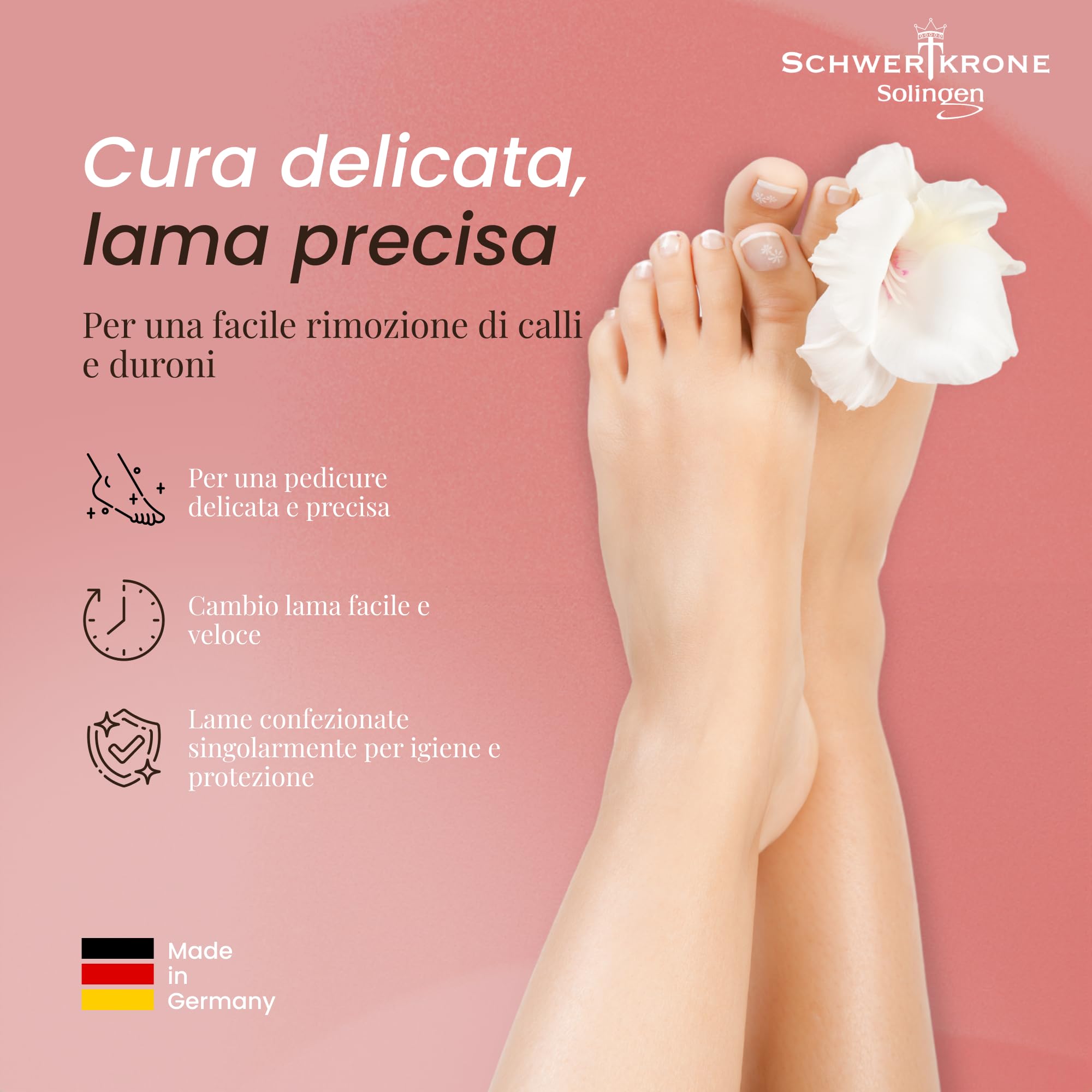 Schwertkrone Set per calli con 10 lame [Made in Solingen – Germania] – Pialla per calli – Rimozione calli con lame di ricambio – Strumento per la cura dei piedi per uomini e donne – Pedicure