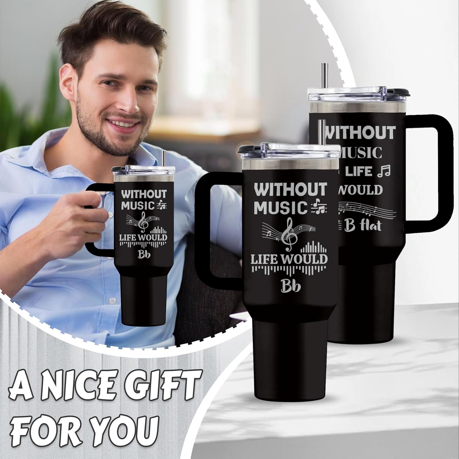 Gifts for Music Lovers, 40 Oz Without Music Life Would B Flag Tumbler with Handle & Straw, Piano Gift for Man, Stainless Steel Song Tumbler, Gifts for Thanksgiving Christmas, 1 PCS - Image 7