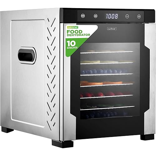 NutriChef Electric Countertop Food Dehydrator -900-Watt Premium Multi-Tier Meat Beef Jerky Maker Fruit/Vegetable Dryer w/10 Shelf Stainless Steel Trays,Digital Timer,Temperature Control-NCFD10S