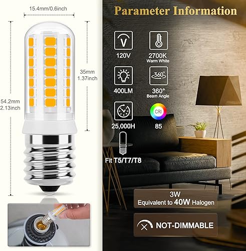 Miniatura 9 de DiCUNO Bombilla LED E17 para debajo del horno de microondas, luz blanca diurna 5000 K, 3 W (reemplazo halógeno de 40 W) 400LM 120V E17 bombilla de