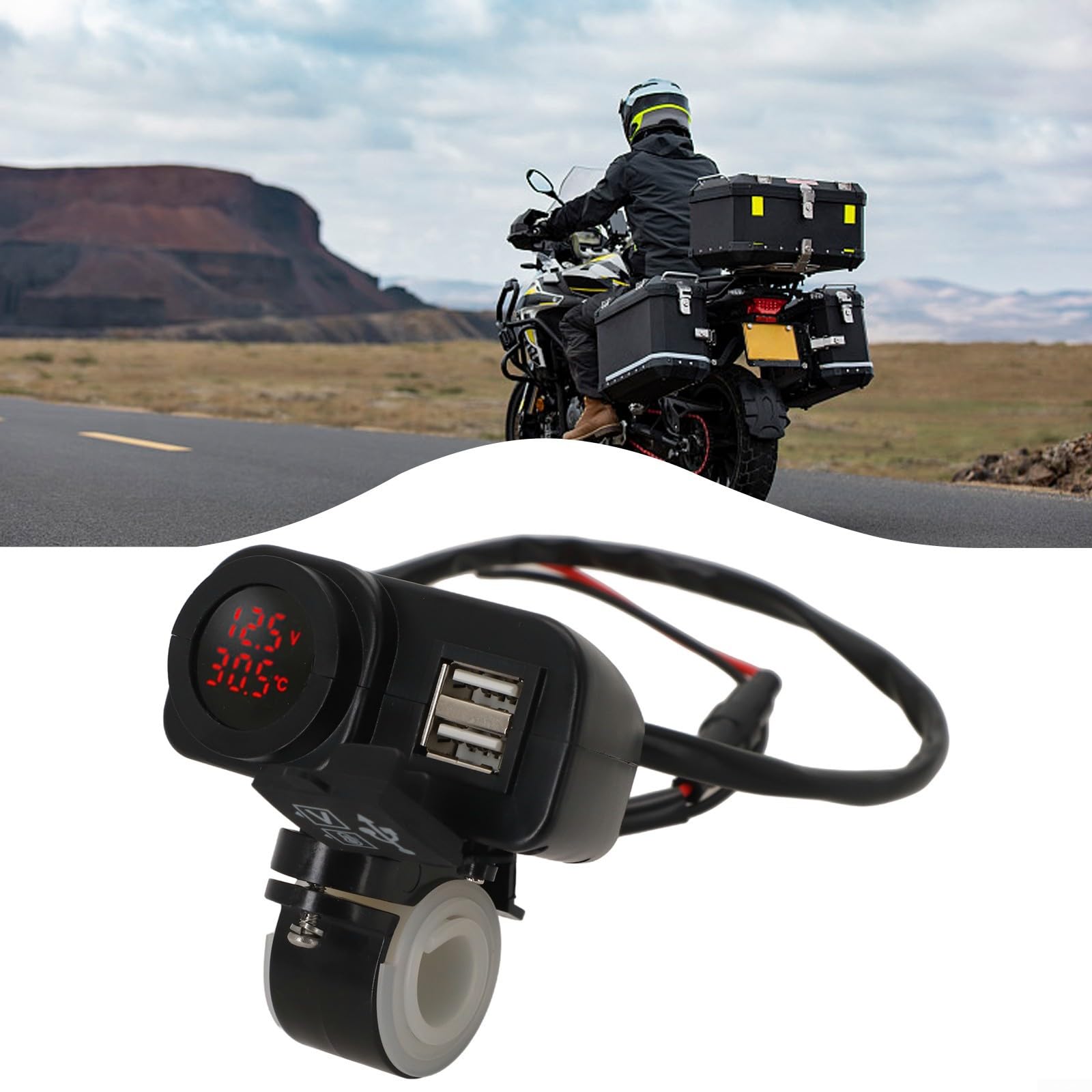 Cargador dual USB de moto con voltímetro y termómetro para manillar de 12V 24V