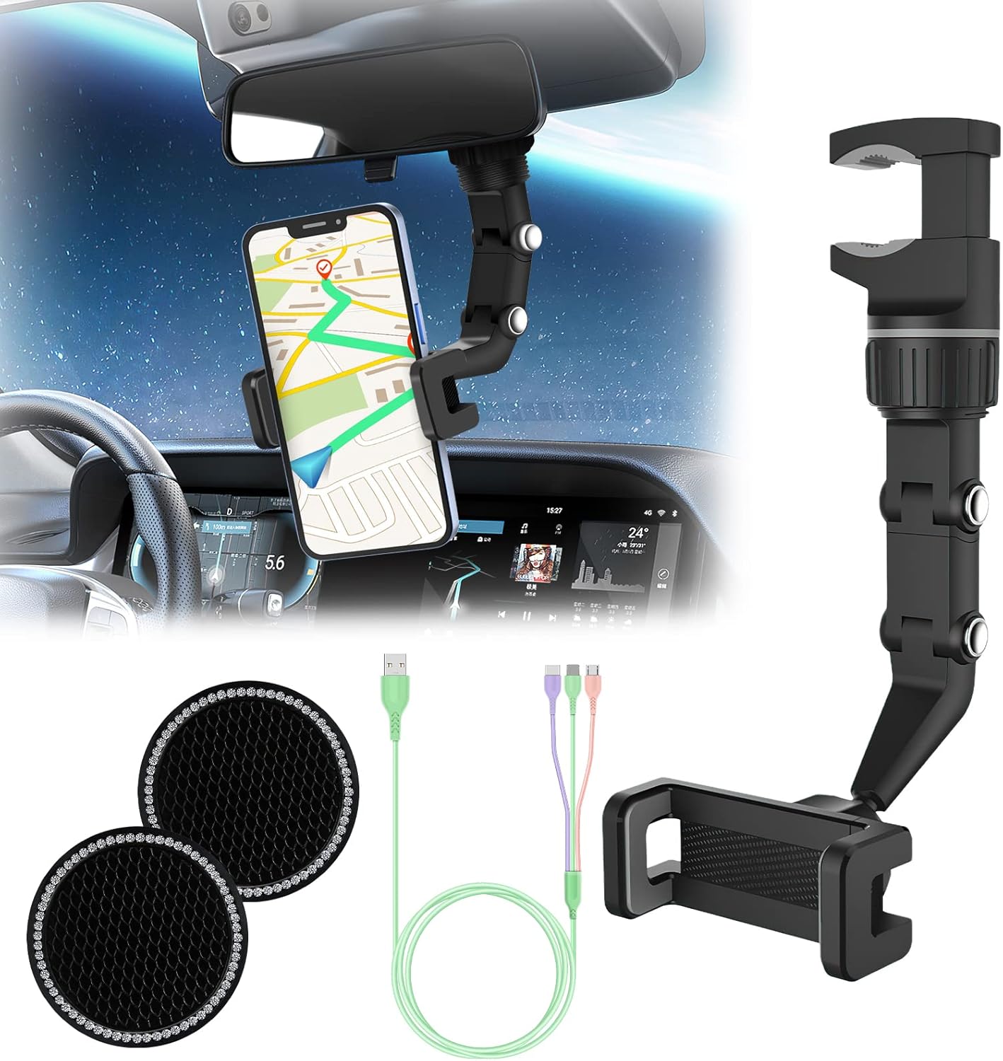 IKemiter Rearview Mirror Phone Holder for Car, 360° Rotating Car Phone Holder