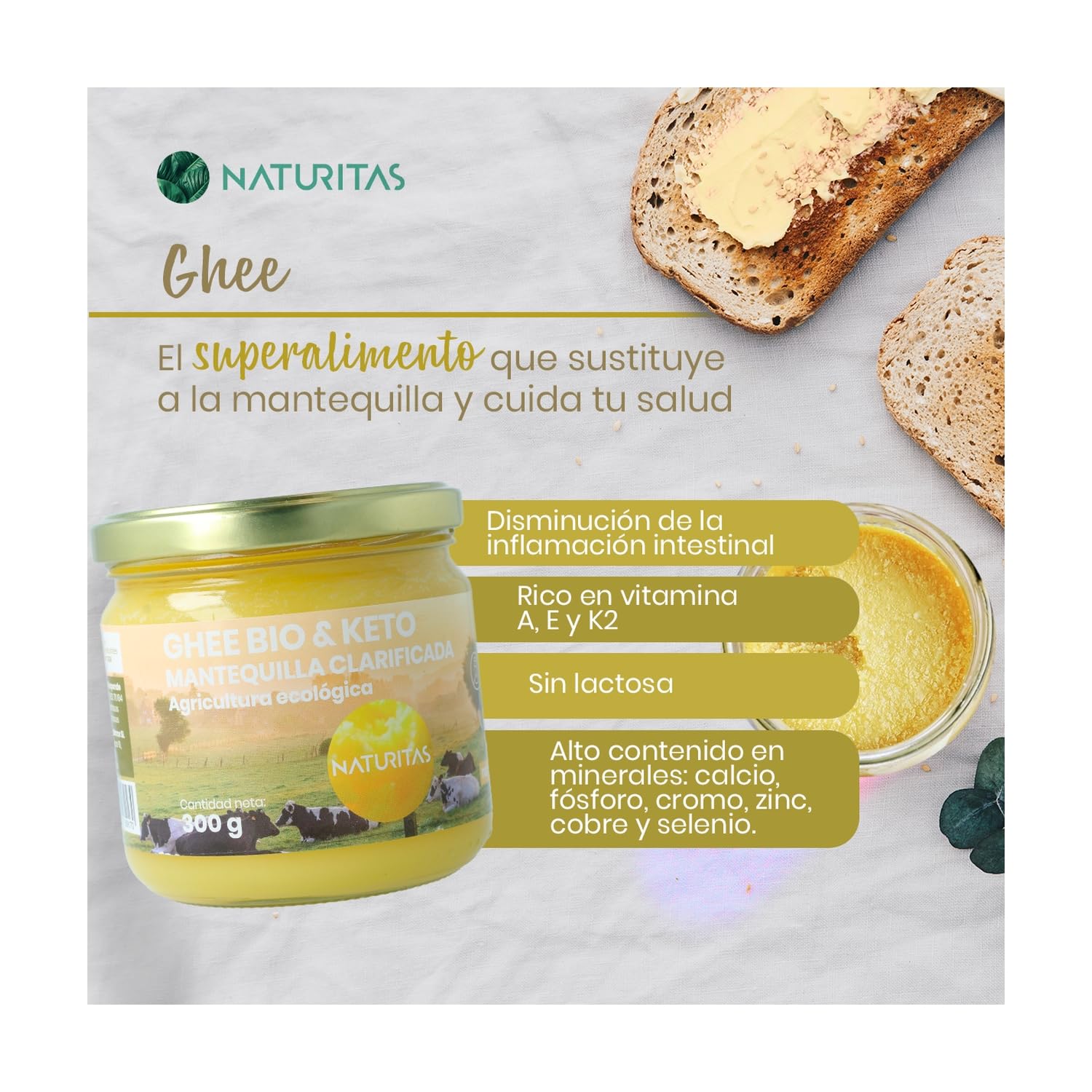 Ghee mantequilla clarificada BIO | 300 g | Naturitas Essentials | Sin lactosa ni caseína | Mantequilla keto | Salsas