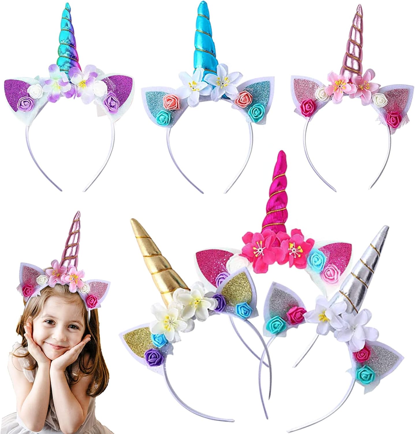Seasboes 6 Piezas Vendas del Unicornio, Unicornio Cuerno Diadema con Flores, Diadema Unicornio Mujer, Accesorios para el Pelo y Orejas de Cuerno de Unicornio, Vendas del Unicorn Banda