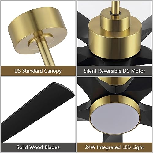 Miniatura 5 de ELEHINSER Ventilador de techo moderno de 60 pulgadas con luz y control remoto, 5 aspas de madera maciza, motor CC reversible de 6 velocidades,