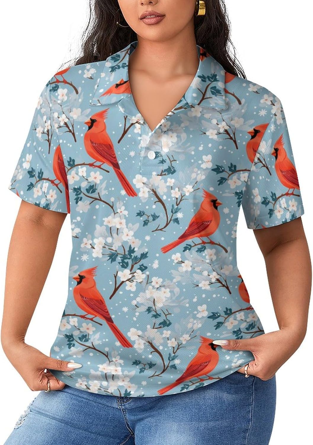 Red-Cardinal Birds Womens Polo Shirts Short Sleeve Golf Shirts V-Neck Blouses Casual Tennis Shirts for Work Business