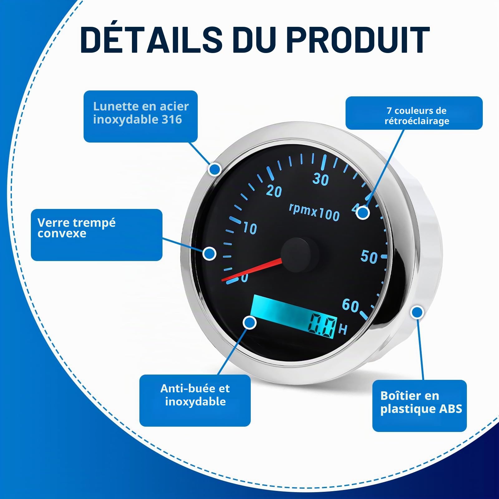 Compte-tours 85 mm 0-6000 tr/min étanche avec compteur d'heures de fonctionnement rétroéclairage 7 couleurs pour voiture, bateau, camion, moteur diesel et essence