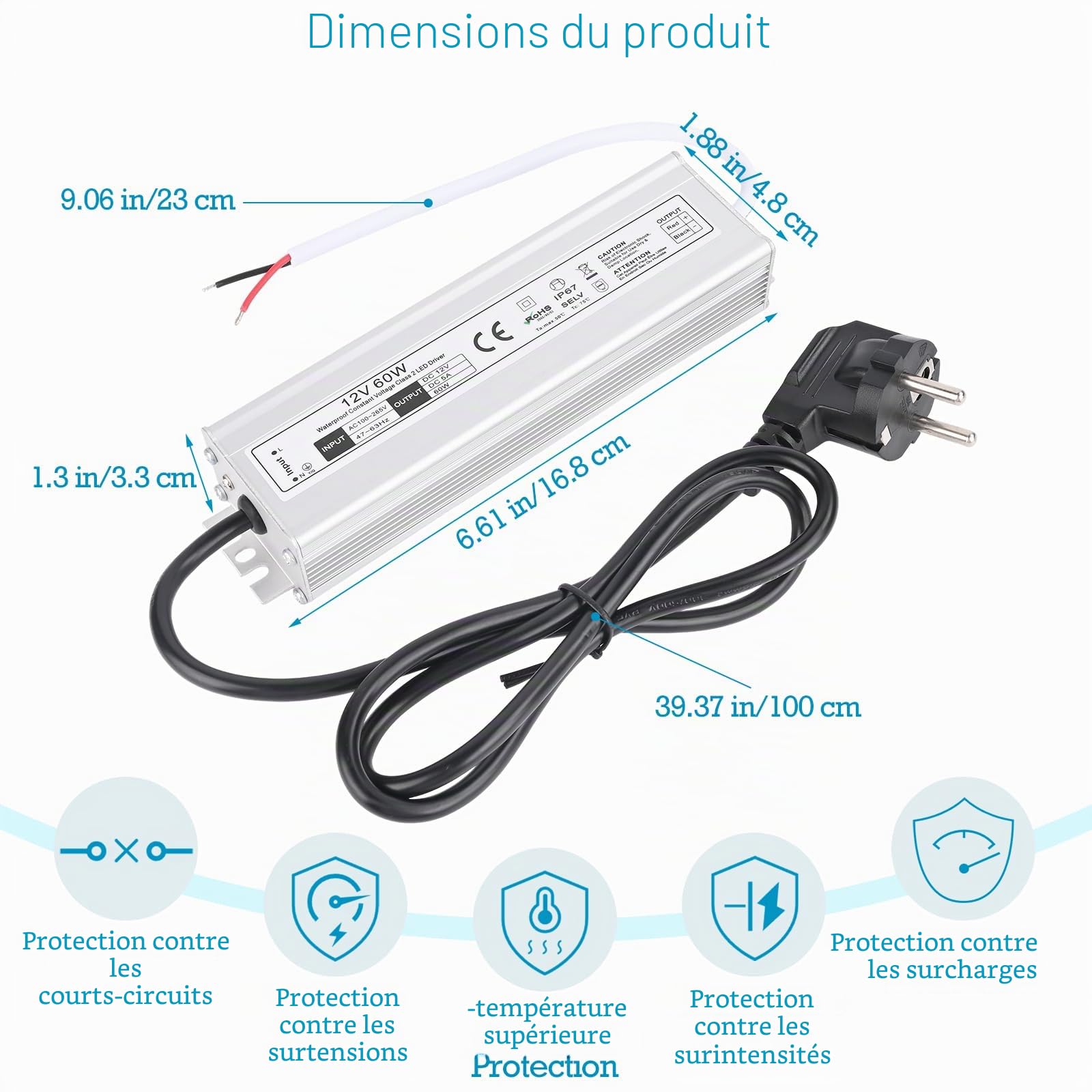 Gerbala LED Transformateur 220V 12V 60W 5A, Extérieur Etanche IP67 Transformer, Power Supply, Convertisseur AC 220V vers DC 12 V, Transfo Adaptateur pour Bandes, Lampes et Projecteurs