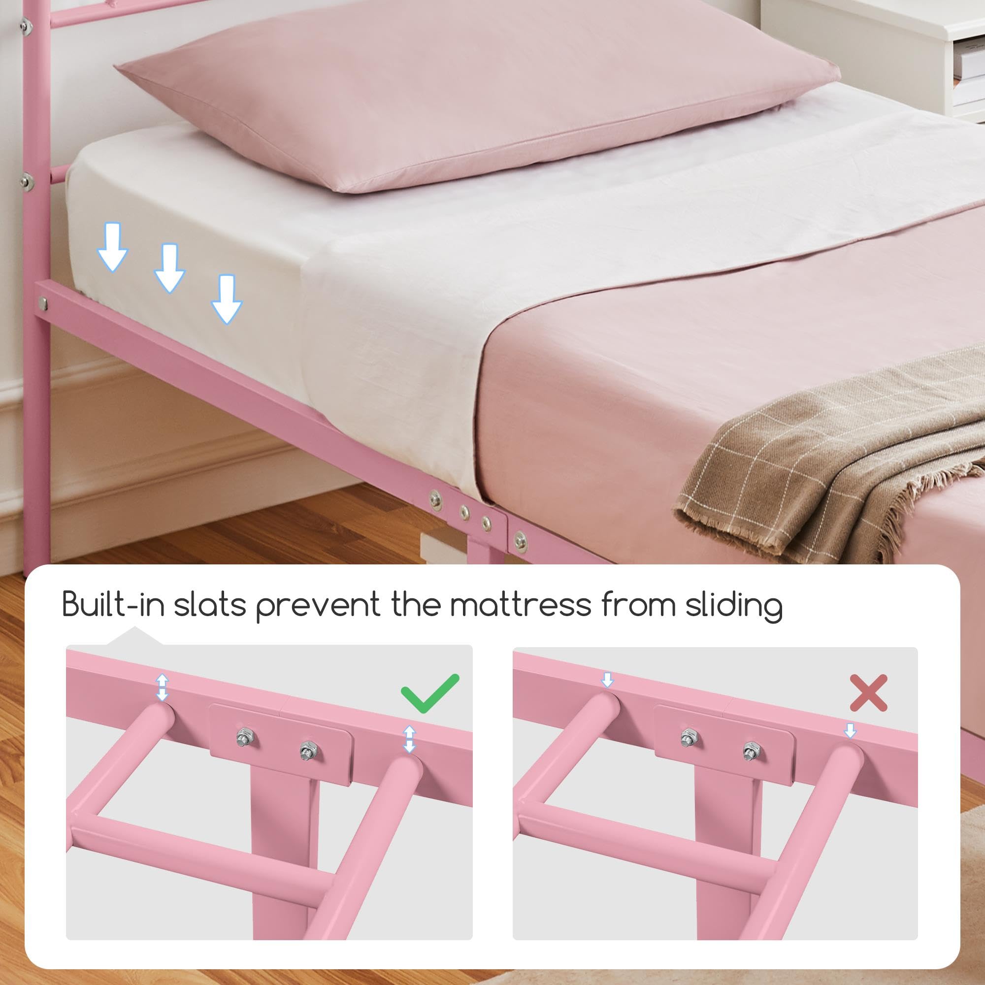 Yaheetech Bettrahmen 90 x 200 cm Metallbett mit Lattenrost Einzelbett Gästebett Jugendbett mit Kopfteil für Schlafzimmer Gästezimmer Hellrosa