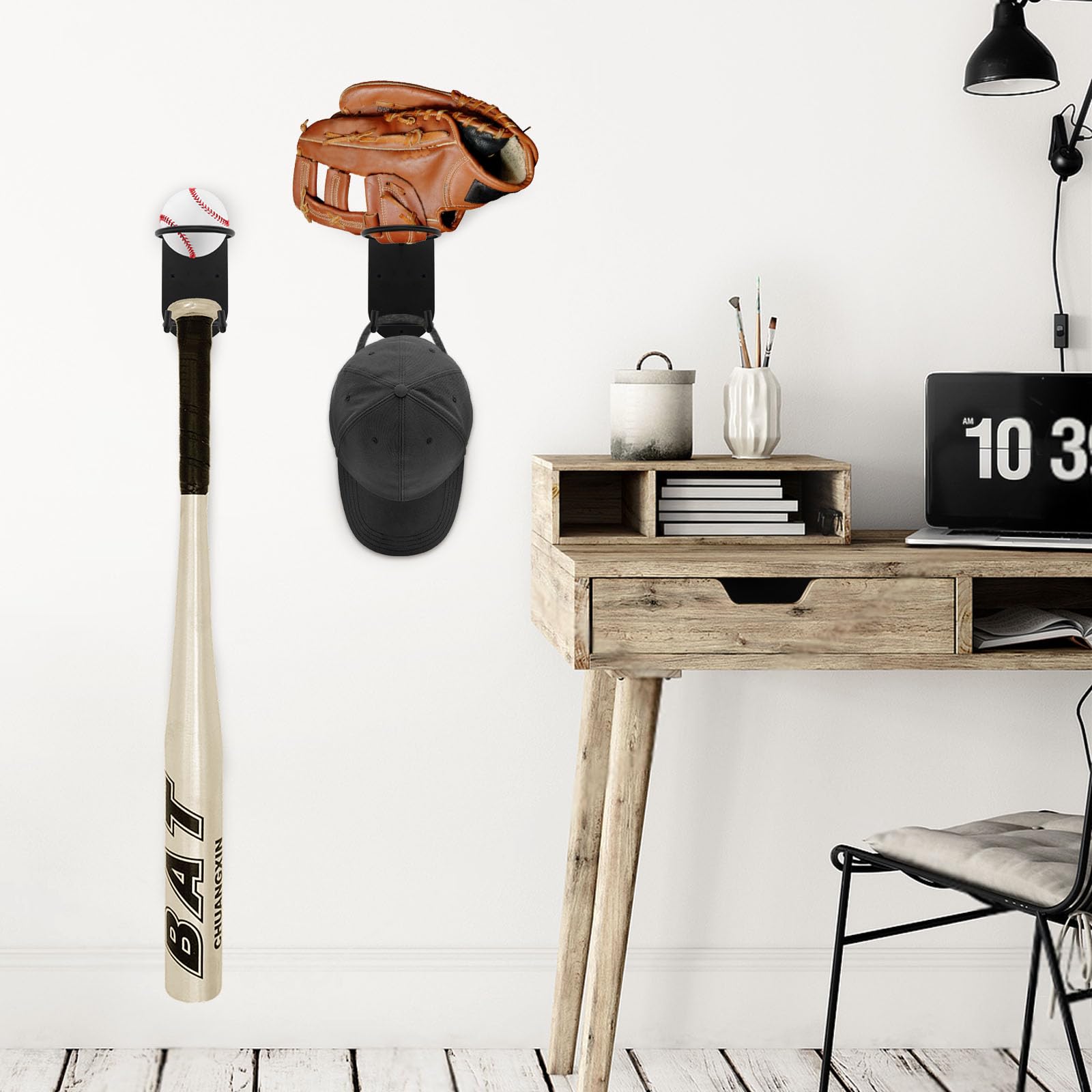 Lot de 2 étagères de rangement murales pour batte de baseball - En métal - Noir