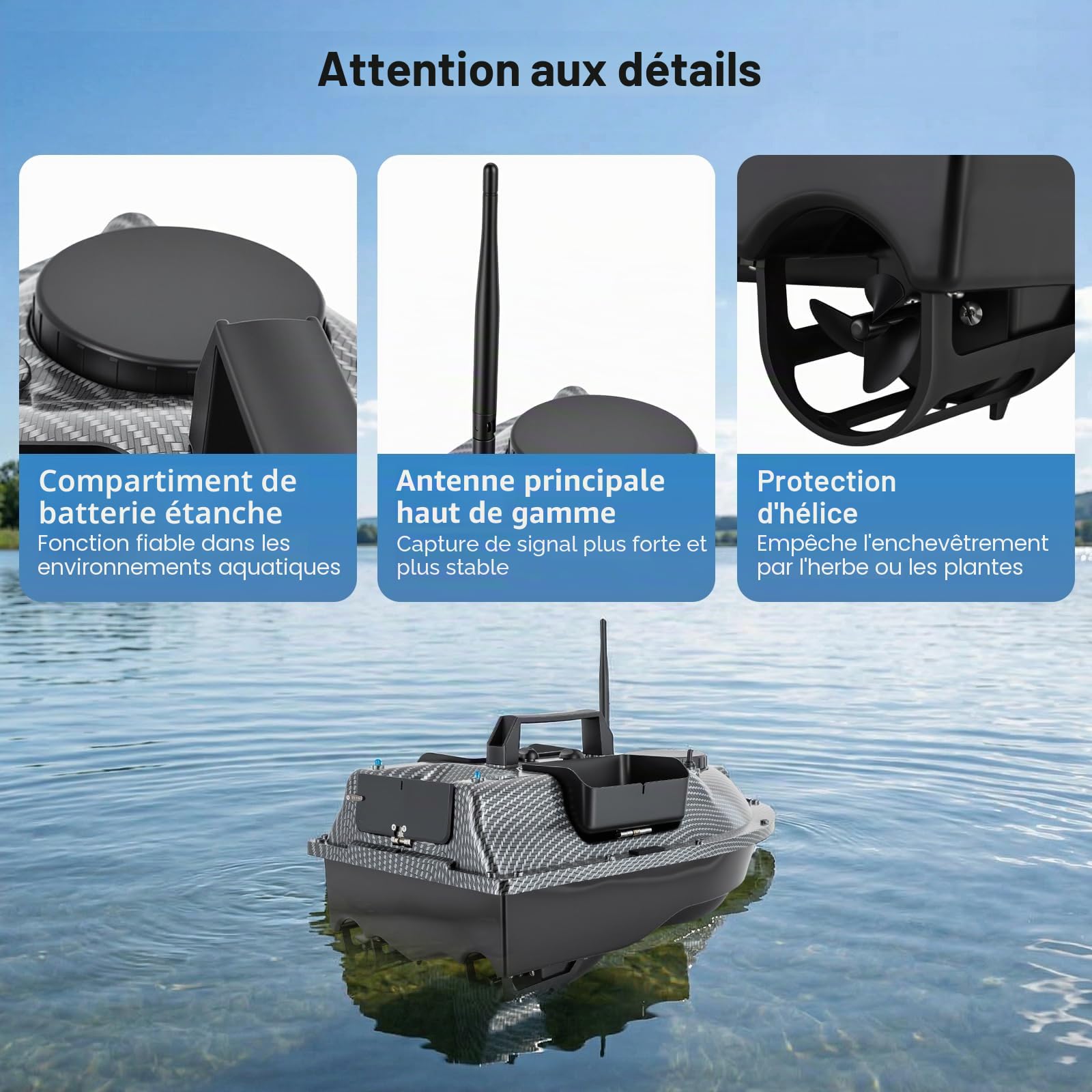 Bateau télécommandé, 600 m, Bateau de pêche avec GPS, capacité de Charge de 2 kg, 40 Points de positionnement, Moteurs Doubles, Bateau d'alimentation RC pour rivières, Lacs et Mers