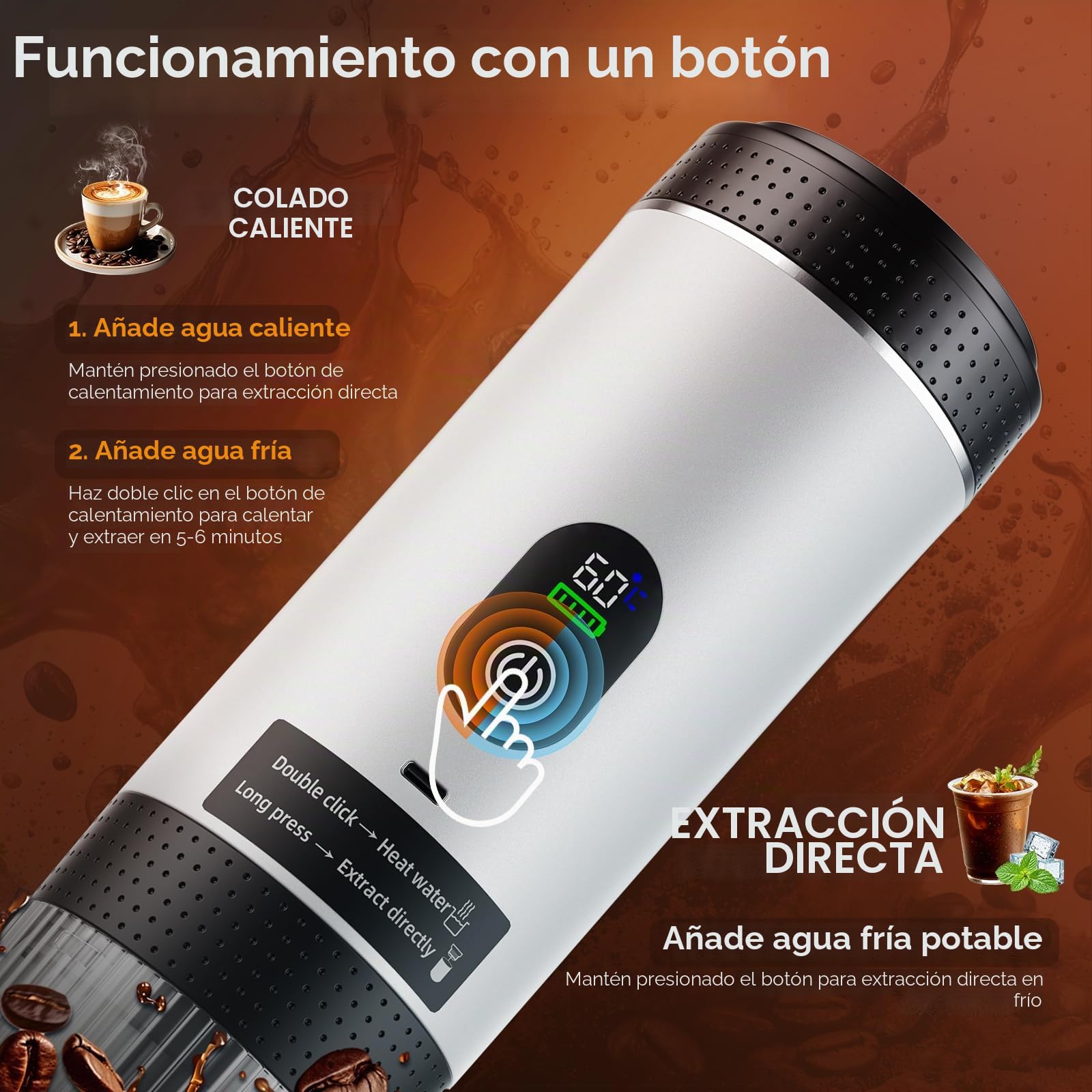 Cafetera Portatil, Cafetera Multicapsulas y Molido, Carga Rápida USB-C, Maquina de Cafe Ideal para Acampadas, Senderismo, Viajes y Autocaravanas (Blanco)