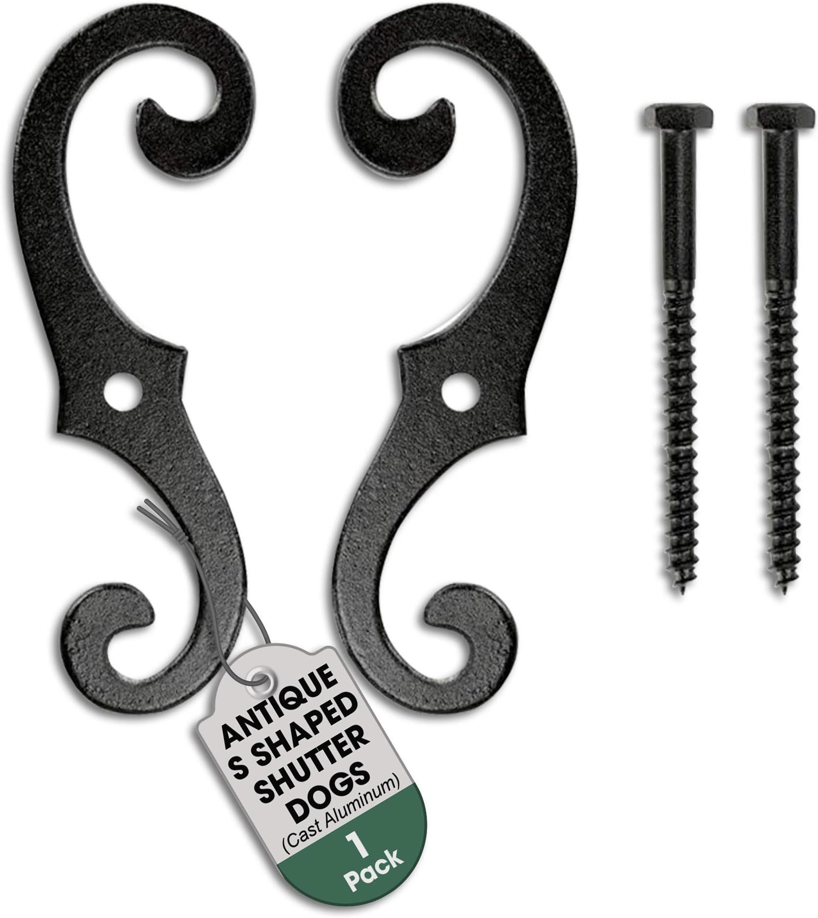 - Renovators Supply Black Shutter Dog Holders 6.5 Inches Long Antique Decorative S Style Solid Aluminium Black Rust Resistant Powder Coated External Shutter Tieback Hardware Including Mounting Screws