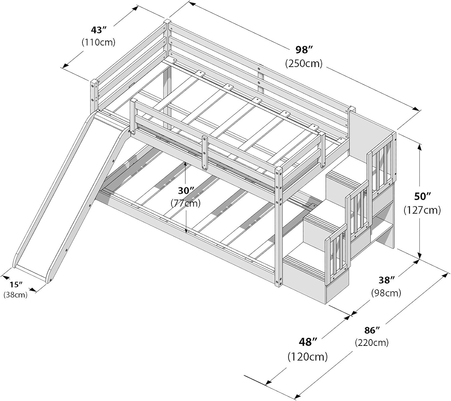 Grain & Grove Bear Twin Over Twin Bunk Bed with Slide and Staircase, Low Bunk Bed Frame for Kids, Bunk with Ladder, Guardrail, and Slats, No Box Spring Required, Brushed White