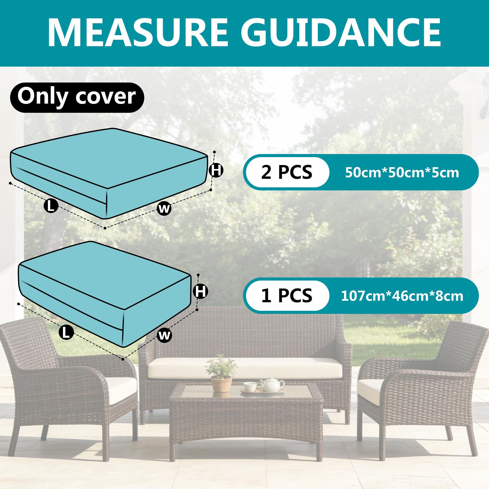 SYLC Set of 3 Garden Outdoor Cushion Covers, Waterproof Sofa Seat Covers with Zip, Seat Covers for Living Room Patio (Green Leaf, 2 x 50 x 5 cm + 1 x 107 x 46 x 8 cm) - 3