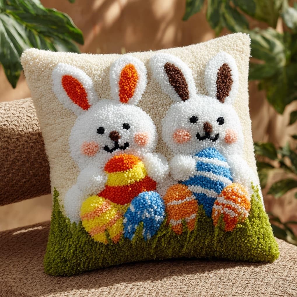 WallustrioaW Latch Hook Cushion Kits,Rabbits and Easter Eggs