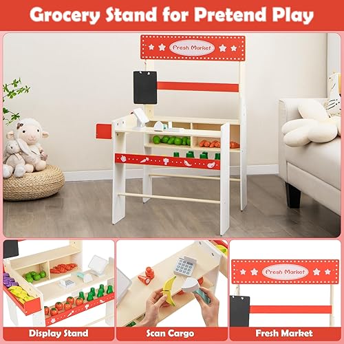 Miniatura 2 de INFANS Juguete de mercado de comestibles, soporte de mercado de madera, juego de simulación con pizarra de tiza, caja registradora, 36 piezas de