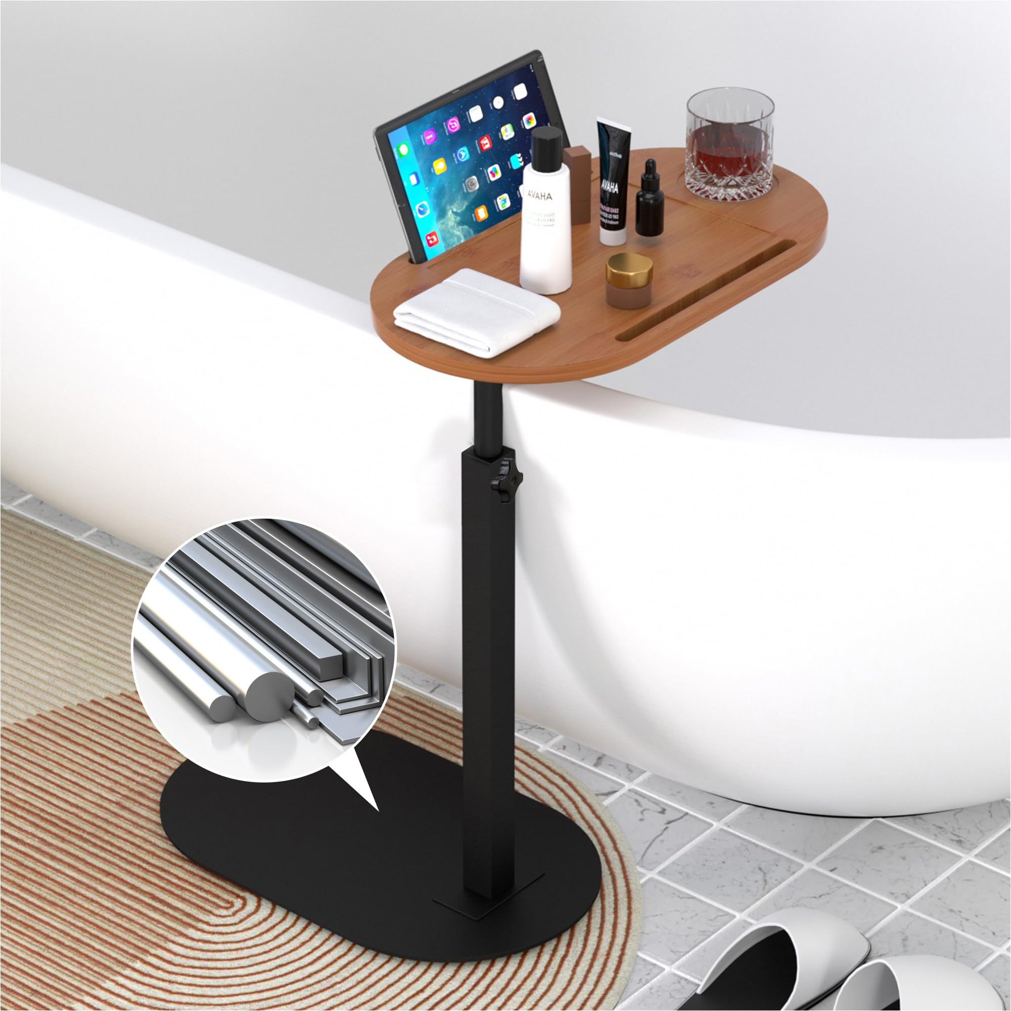 Forevich Chestnut Brown Top And Black Leg Bamboo Bathtub Tray Table Bath Side Table With Metal Base Adjustable Height, Portable Freestanding Caddy Tray Tub Shelf For Luxury Bath Home Spa Chestnut Brown Table And Black Base