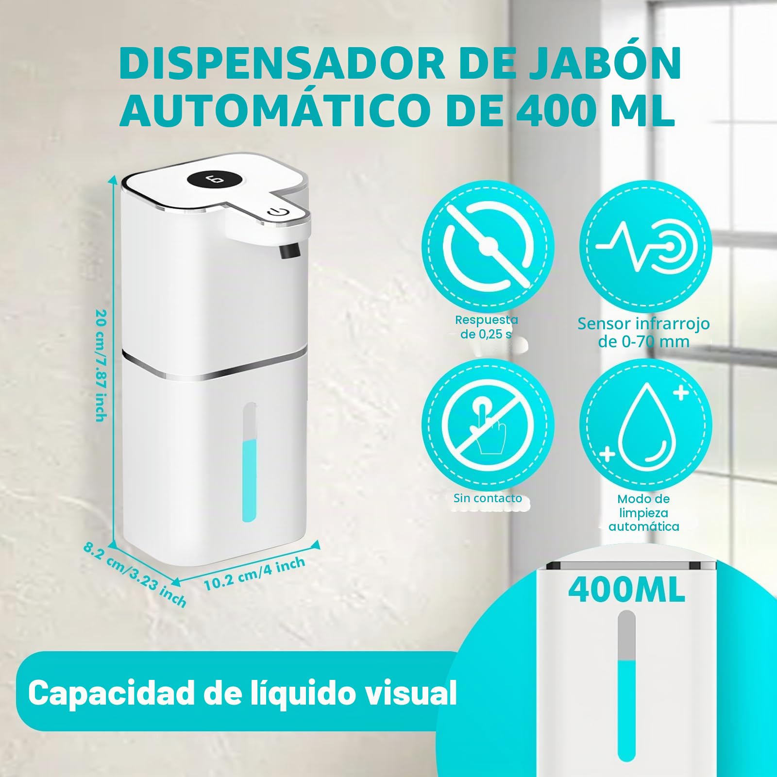 6 Niveles Ajustables Dispensador Jabon Cocina con Sensor, Resistente al Agua IPX5 para Cocina, Baño, Escuelas, Aseo, Familia