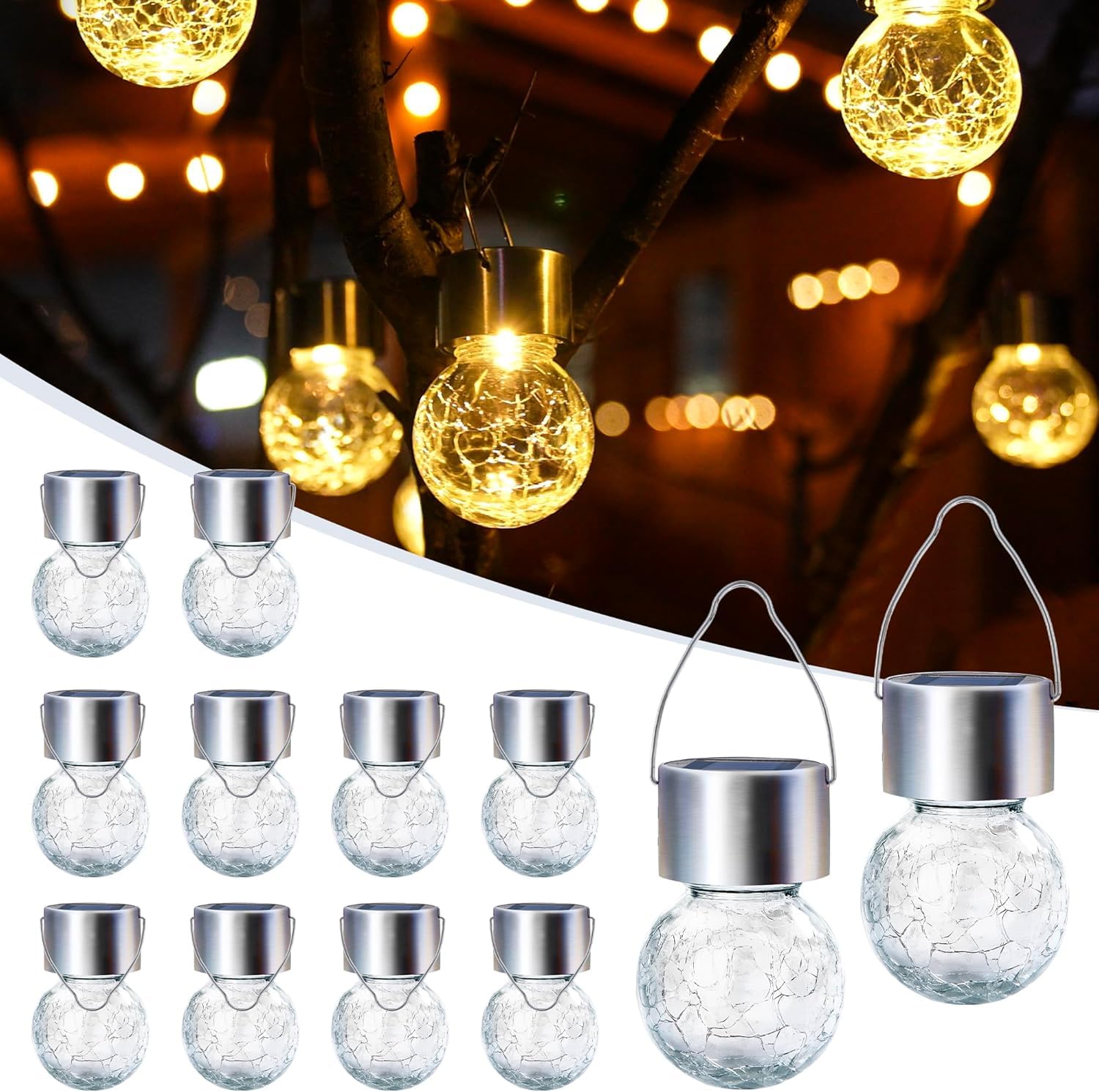 GIGALUMI Paquete de 12 luces solares para exteriores, luces solares colgantes para decoración de Navidad, luces solares de vidrio agrietado para exteriores, impermeables, para jardín, patio, valla,
