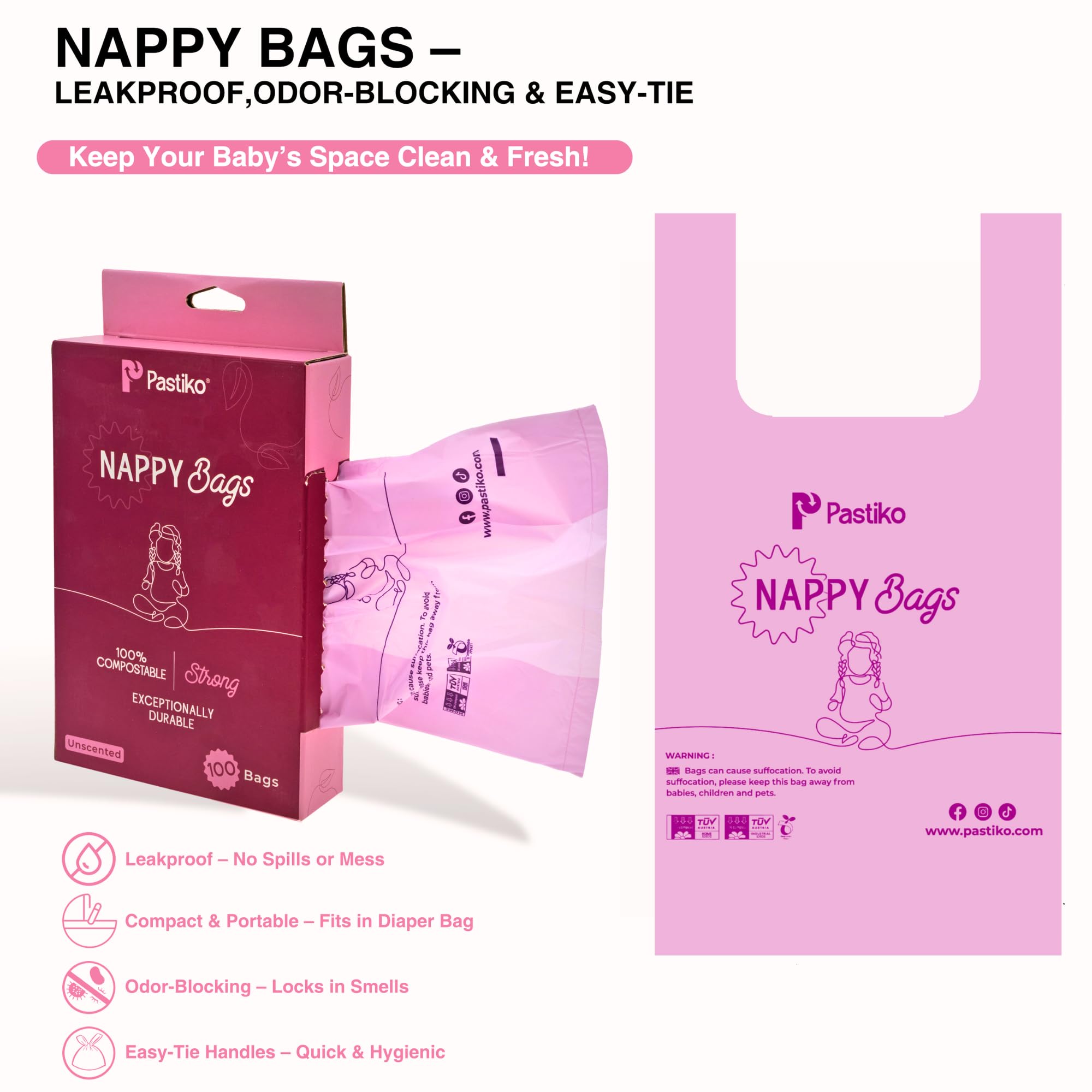 Pastiko Baby Essentials for Newborn, 100% Compostable Nappy Bags, 100 Pack - Image 4