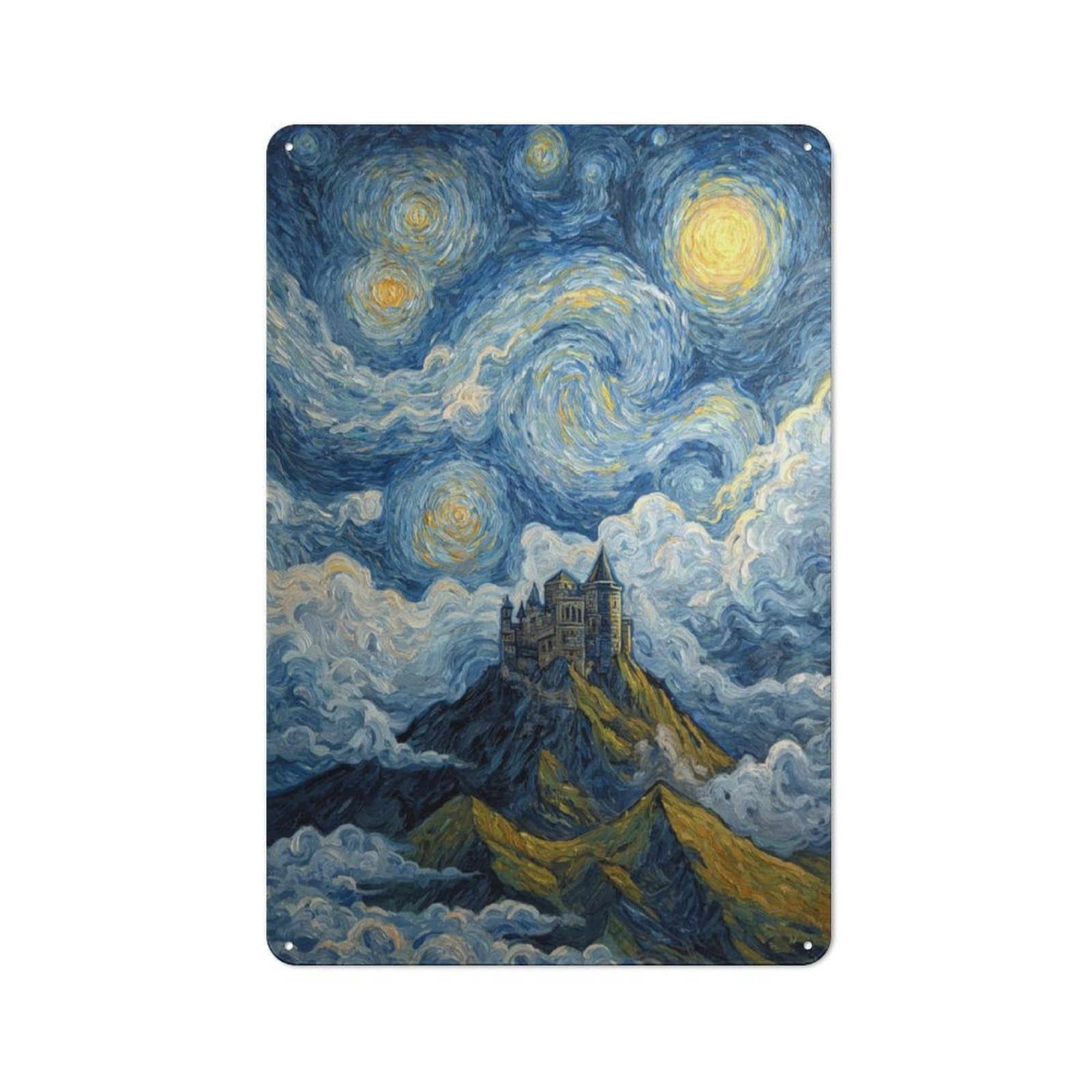 Junmoney Castle Under A Starry Sky Decorative Tin Sign With Design 30X20cm, Farmhouse Cottage Wall Art For Farmhouse Kitchen, Pantry Or Dining Area