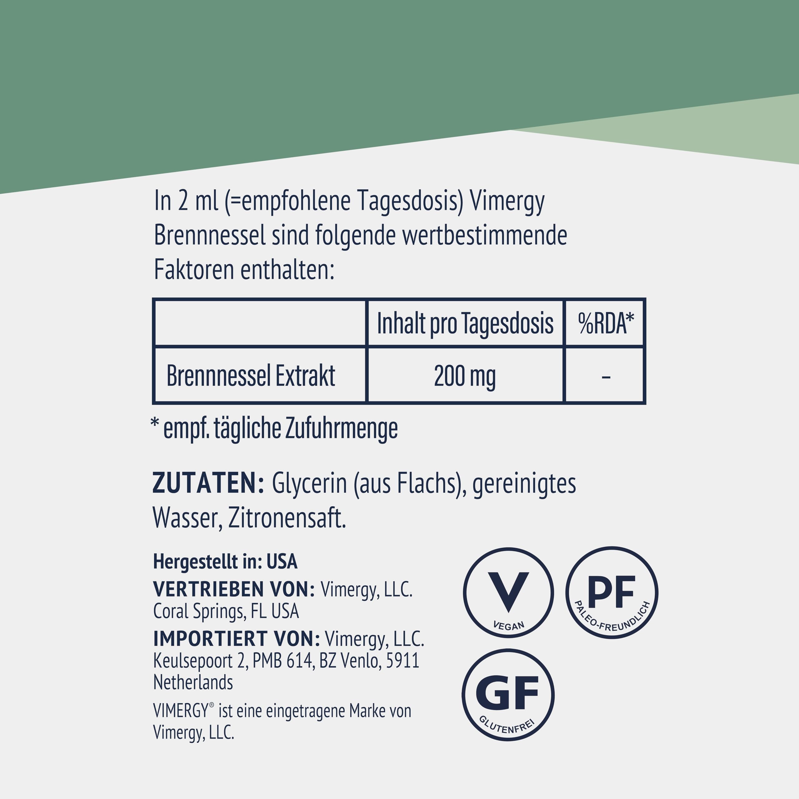 Vimergy Brennnessel, für 57 Einnahmen – Bio Brennnessel Nahrungsergänzung – Flüssige Brennnesseltinktur auf Glycerinbasis – Ohne Zucker oder Bindemittel – Gentechnik- und Glutenfrei (115 ml)