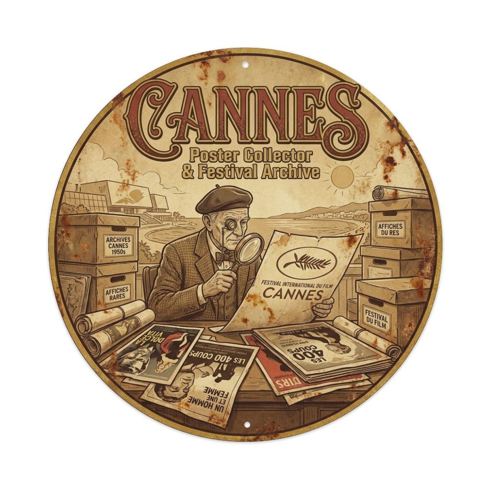 Cannes Riviera Typing Screenplay Writer Coastal Travel Metal Tin Sign