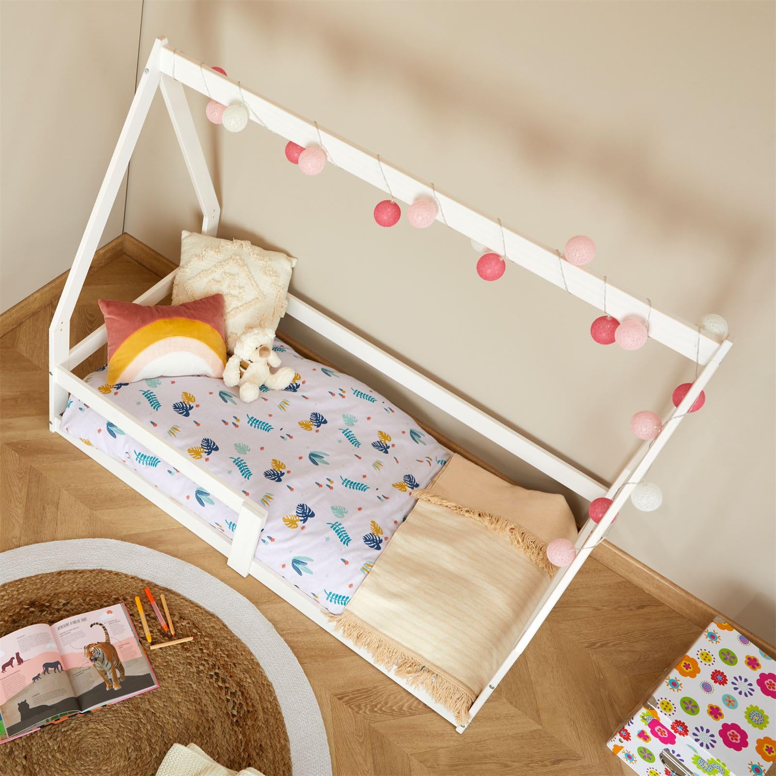 IDIMEX Lit cabane Tami 70x140 cm, lit Simple 1 Place pour bébé ou Enfant de Type Montessori, en pin Massif lasuré Blanc