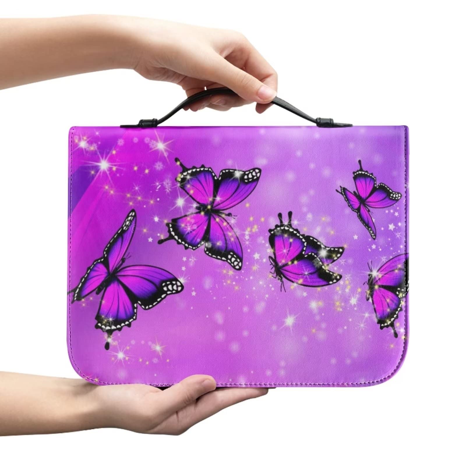 SEANATIVE Bling Butterfly Bible Cover for Women Portable Bible Carrying Book Case Leather Church Tote Study Bible Protective Bag,Purple