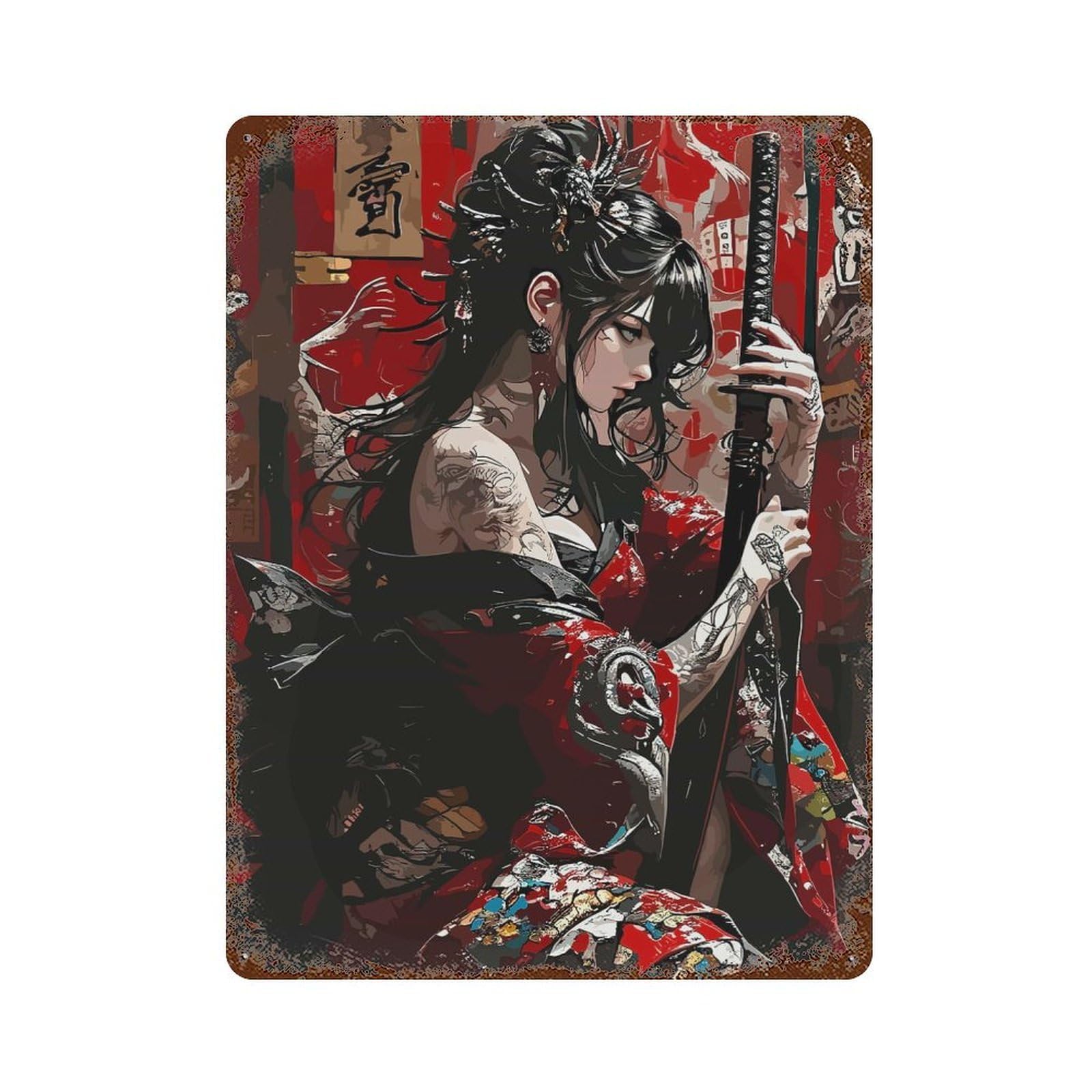 Tattooed Geisha with Katana Rust Effect Tin Sign 15.7"x11.8", Retro Wall Decor for Patio, Garden Room And Bar Decor
