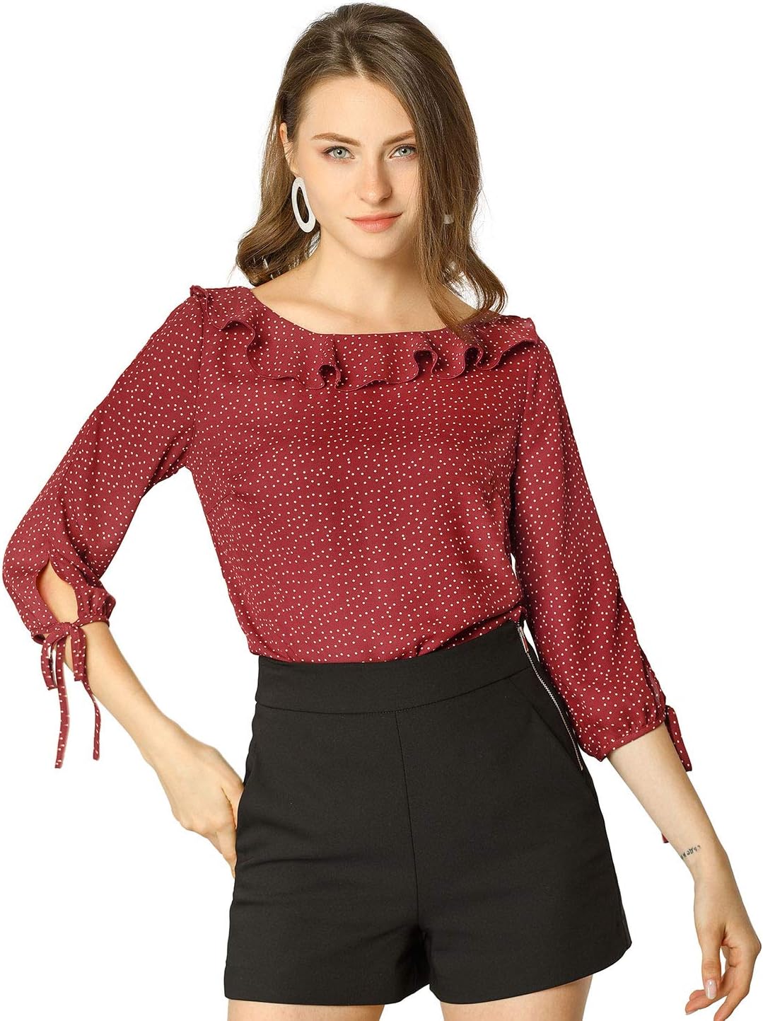 Allegra K Women's Ruffled Collar Polka Dots Shirt 3/4 Sleeve Vintage Blouse - Image 2