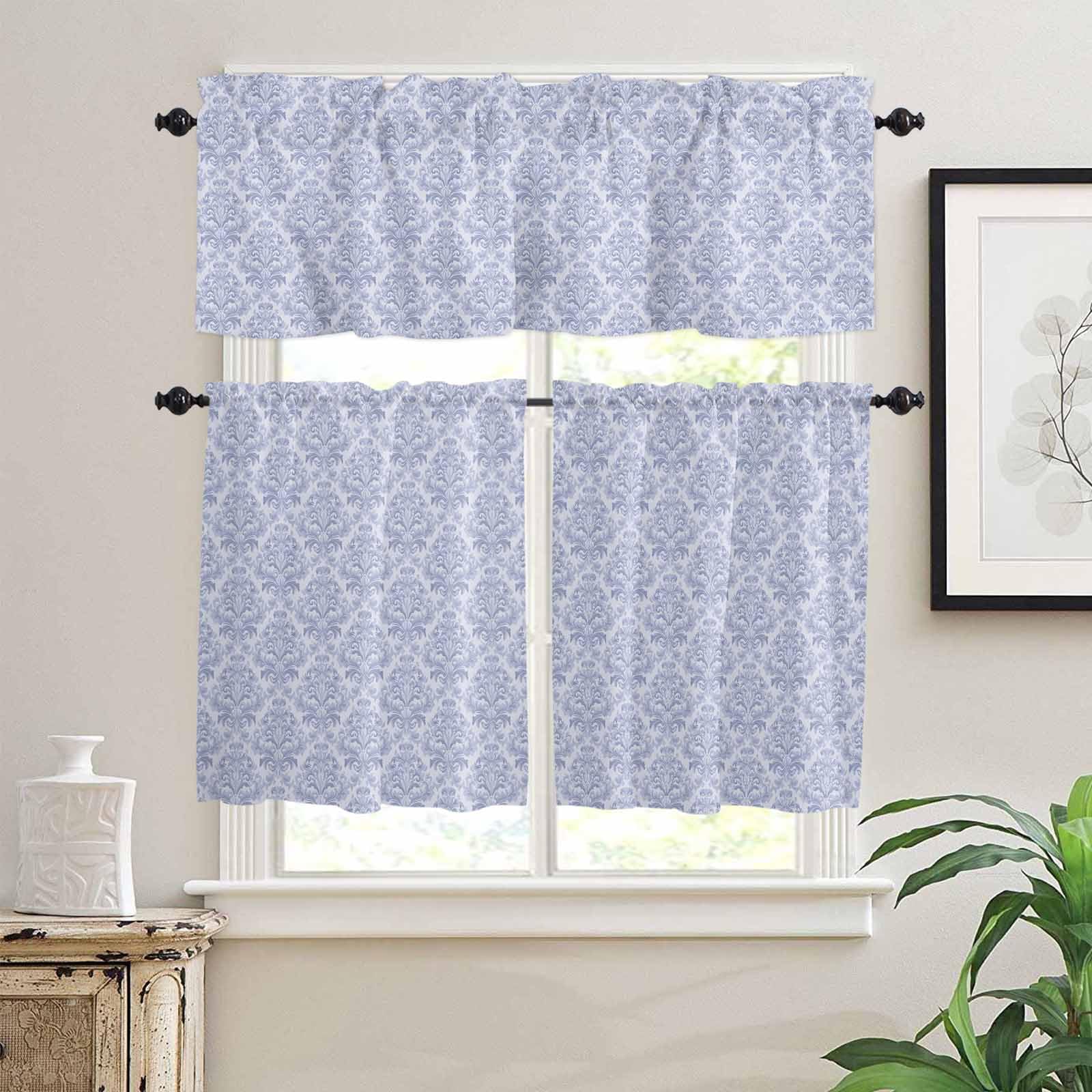 Blue Baroque Kitchen Curtains 24 Inch Length, 3 Piece Rod Pocket Small Half Tiers and Valance Set, Luxury Middle Century Scroll Flowers Small Large Window Treatment Decor for Bedroom/Bathroom Sink