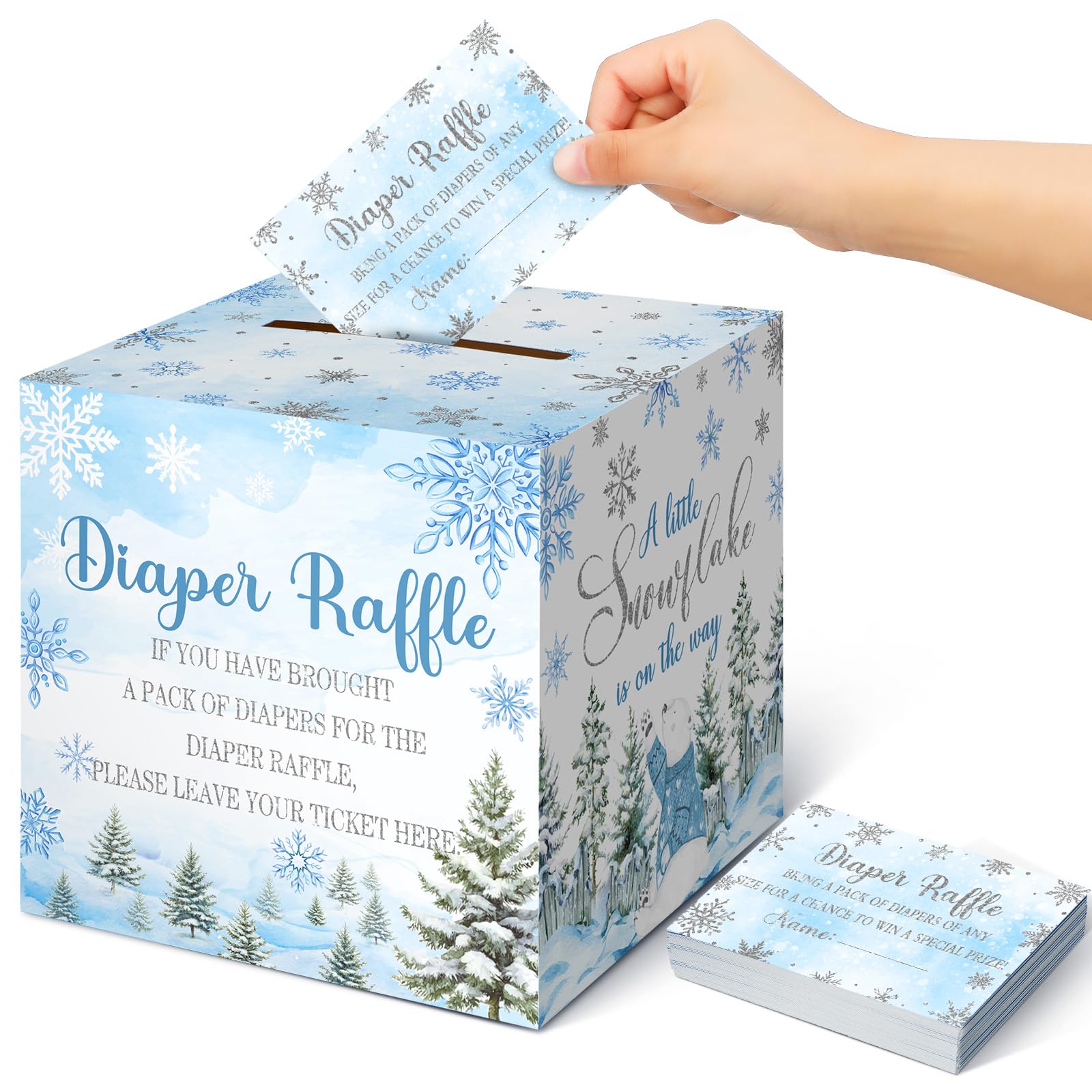 Teling 51 Pieces Diaper Raffle Tickets with Card Box,Blue Snowflake