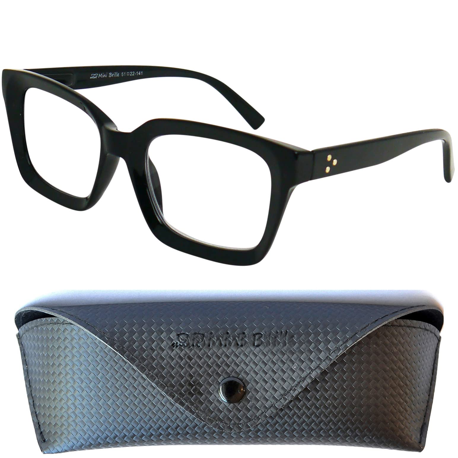 Mini Brille Gafas Luz Azul Mujer Vintage con Grandes Lentes Rectangulares, Funda incluye, Montura Gruesa el Plástico (Negra), Gafas para Ordenador, Gafas de Lectura