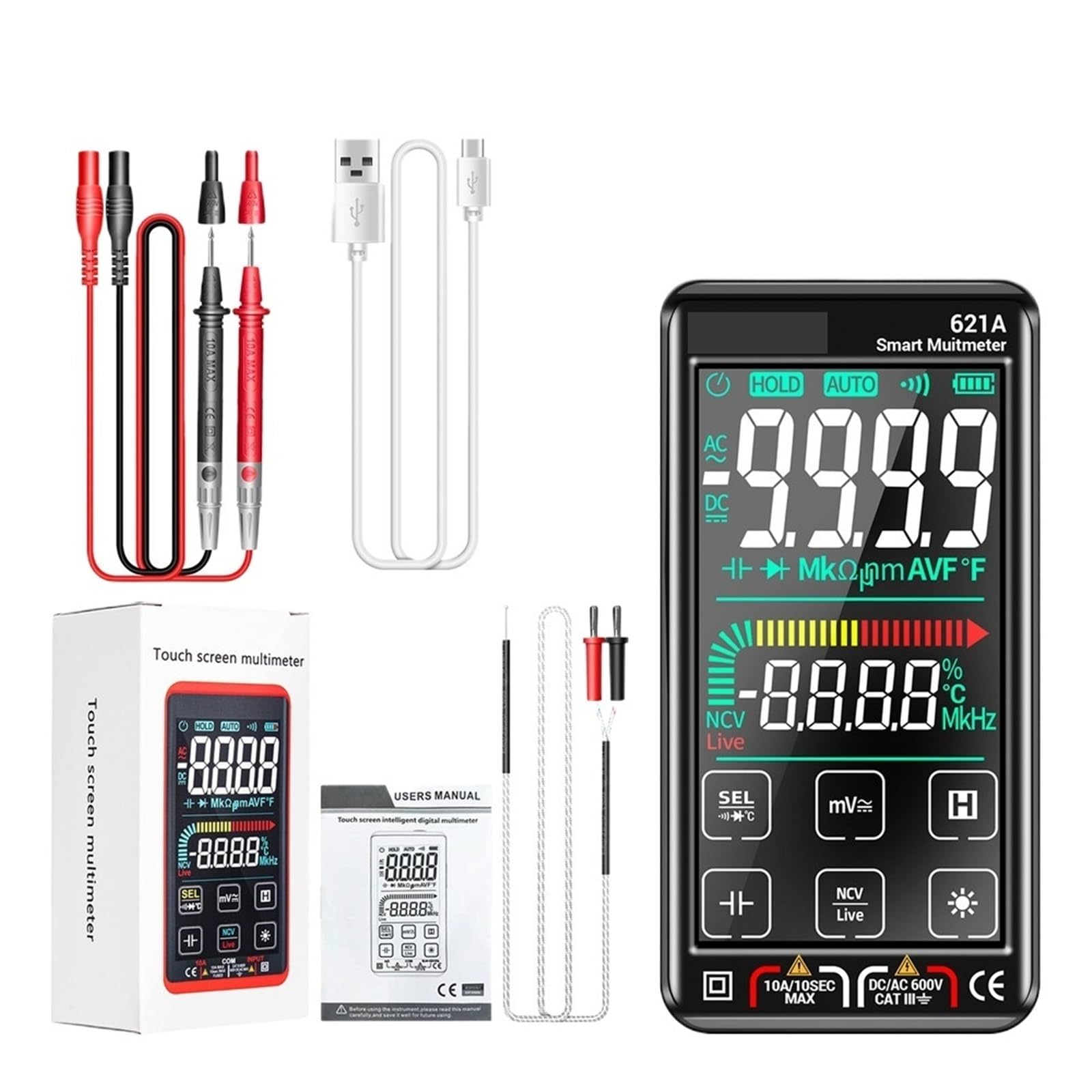 621A Smart Digital Multimeter Touch Screen USB Charging 9999 Counts True RMS Auto Range Voltmeter Temperature(621A Black Sheath)