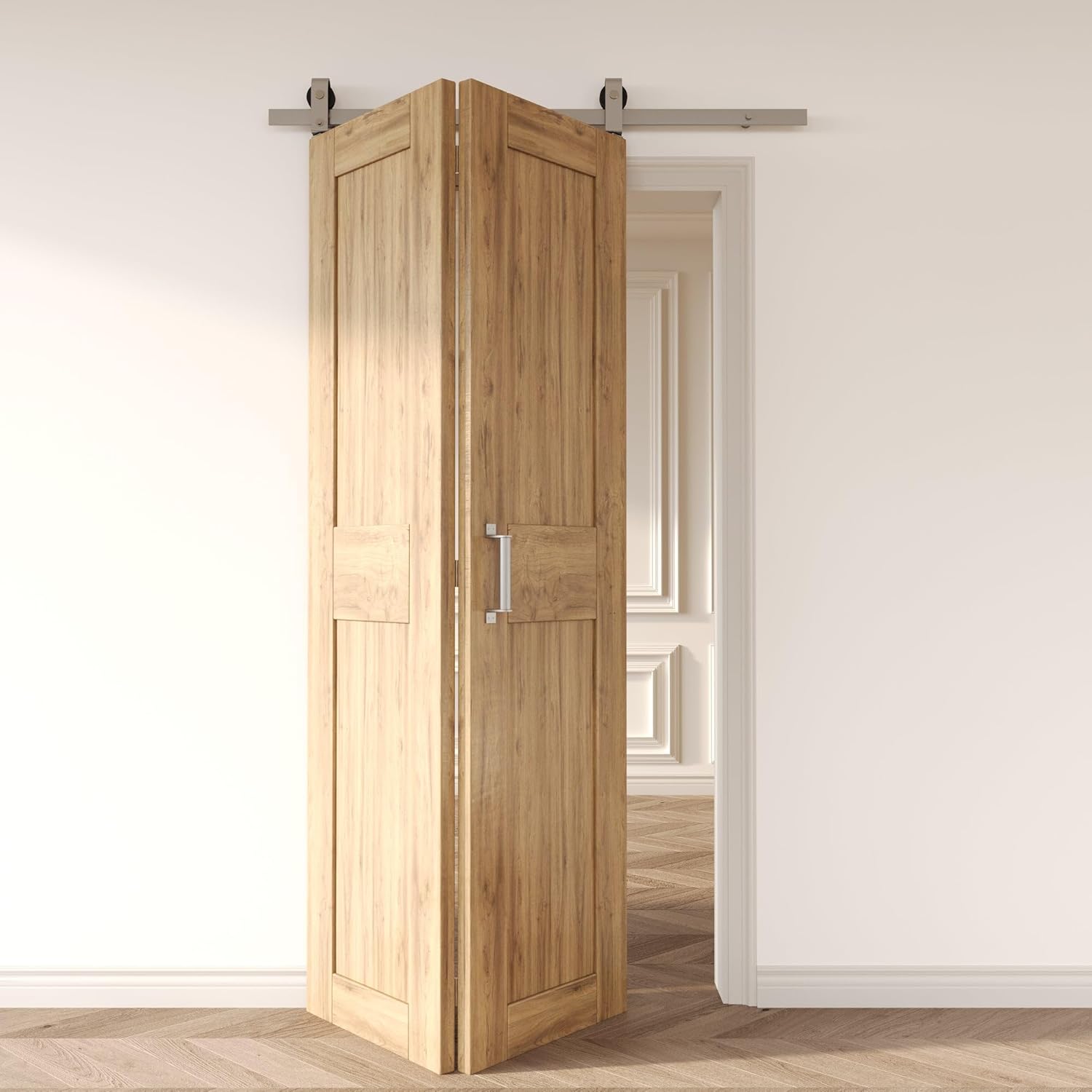 Homacer 66in Brushed Nickel Top Mount Bi-Folding Sliding Barn Door Hardware Kit for 2 Doors,Heavy Duty, Quietly,Easy to Install (Door Not Included)