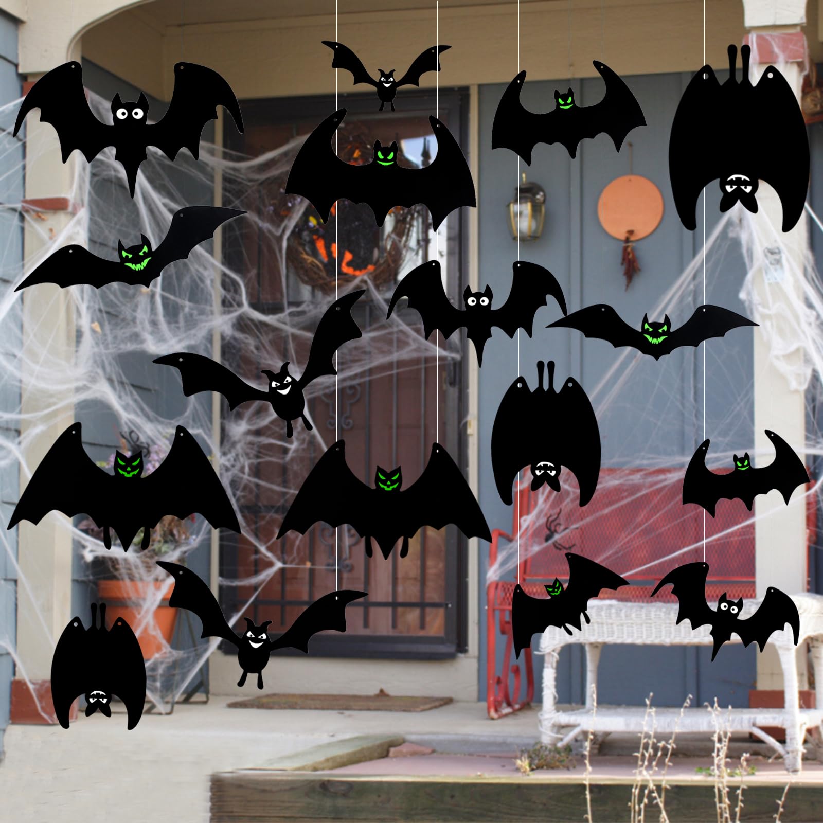 KIMOBER 24pcs Hanging Halloween Bats Decor,Black Flying Plastic Bat with Glowing Eyes for Halloween Party Indoor Outdoor Decoration Supplies