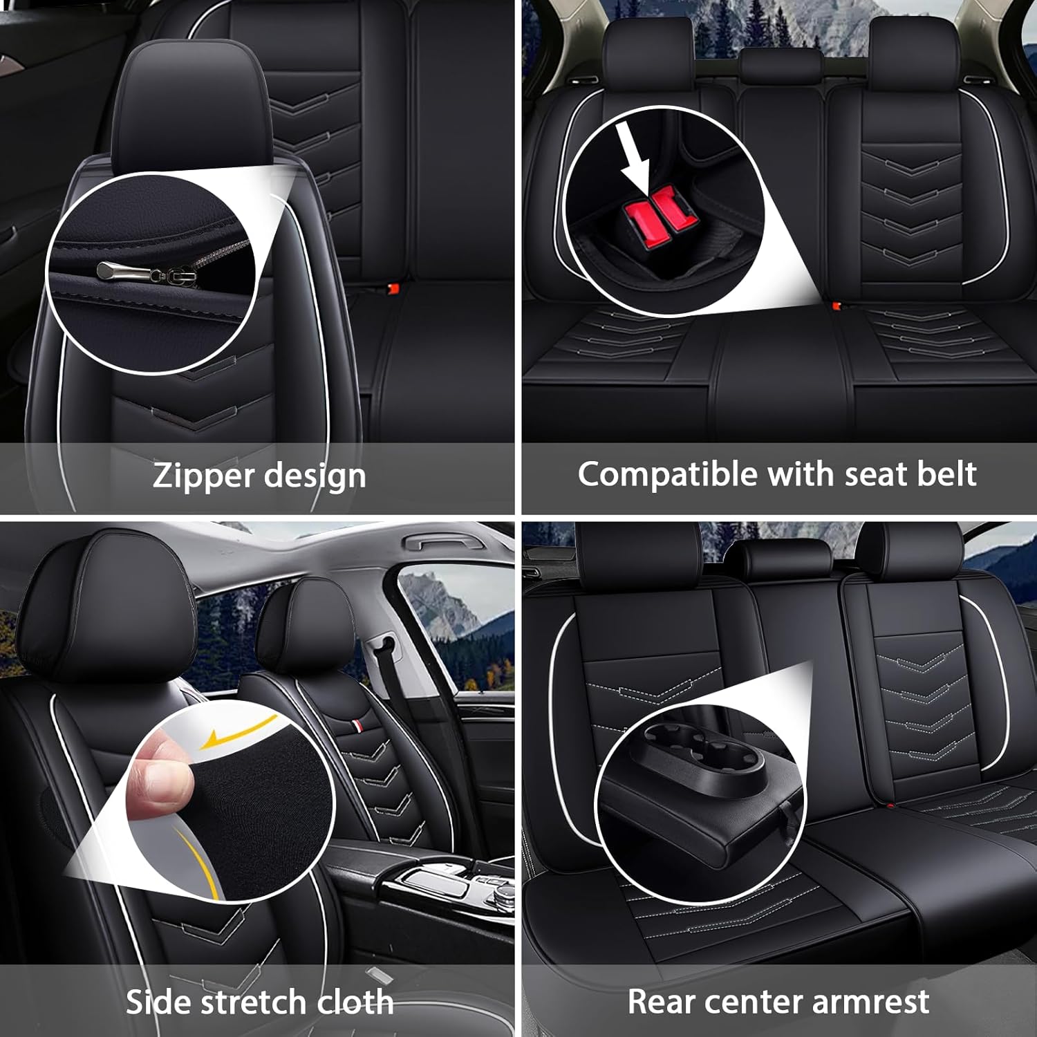 5 Car Seat Covers for Ford Escape 2005-2026, Wear-Resistant & Anti-Slip Leather Seat Protectors (5 Seat Standard, Black-White)
