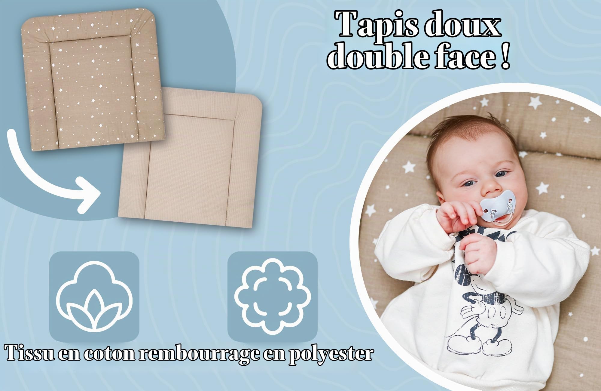 Table à langer bebe 75x72 cm - matelas à langer pliable imperméable et portable en coton lavable pour commode Hemnes ou Malm 75 x 72 Oeko-Tex Beige avec étoiles blanches