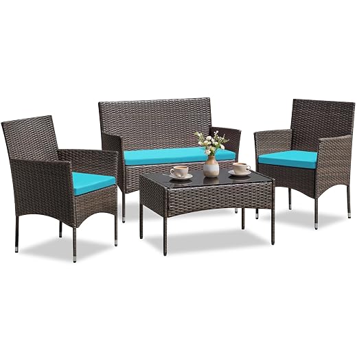 Greesum 4 Pieces Patio Furniture Conversation Sets,Brown and Blue