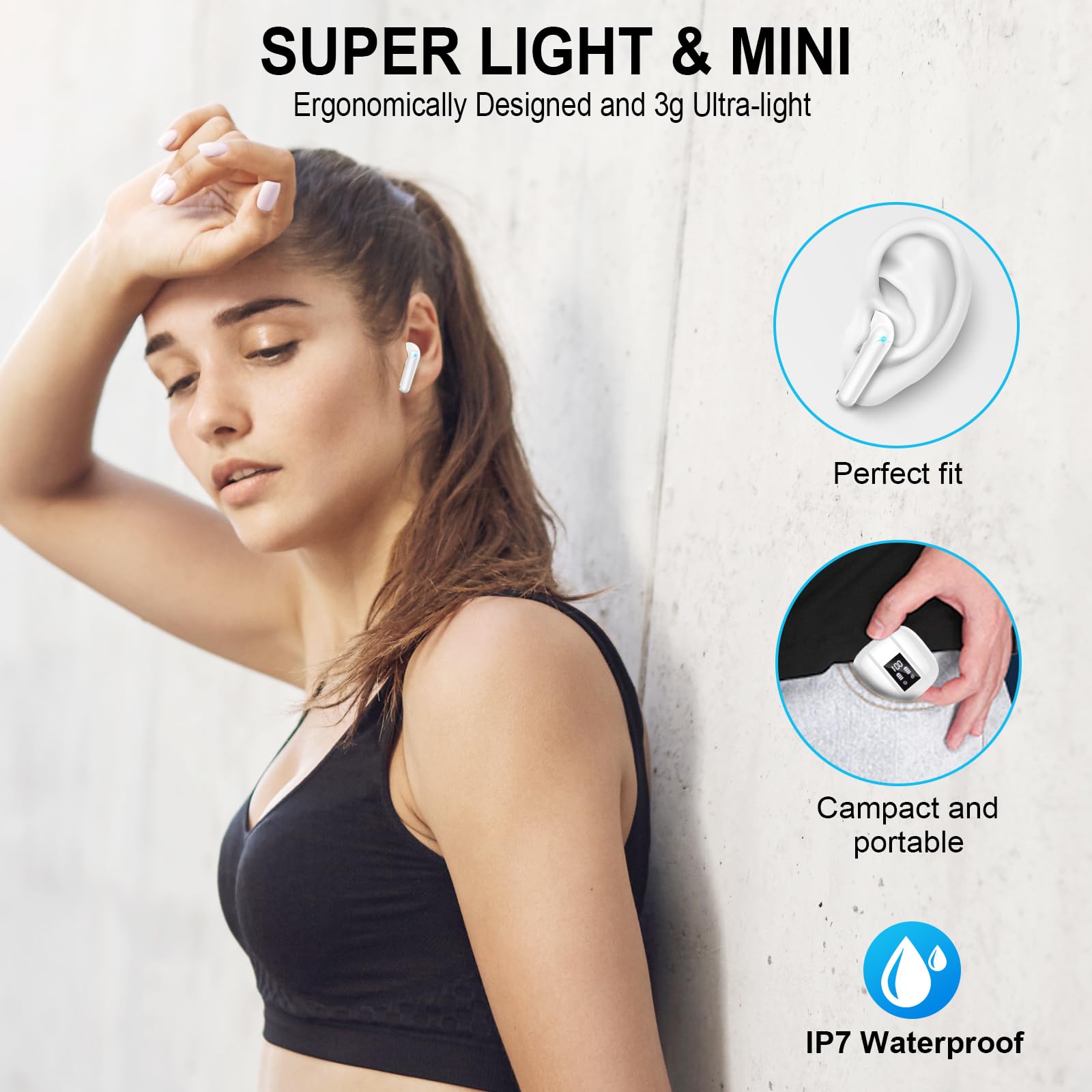 Cuffie Bluetooth, Auricolari Bluetooth 5.3 Wireless Stereo HiFi con 4 HD Mic, 48Ore Mini Cuffie Senza Fili IP7 Impermeabili, 3g Ultra Leggero in Ear Cuffiette Bluetooth Cancellazione Rumore/LED/USB-C