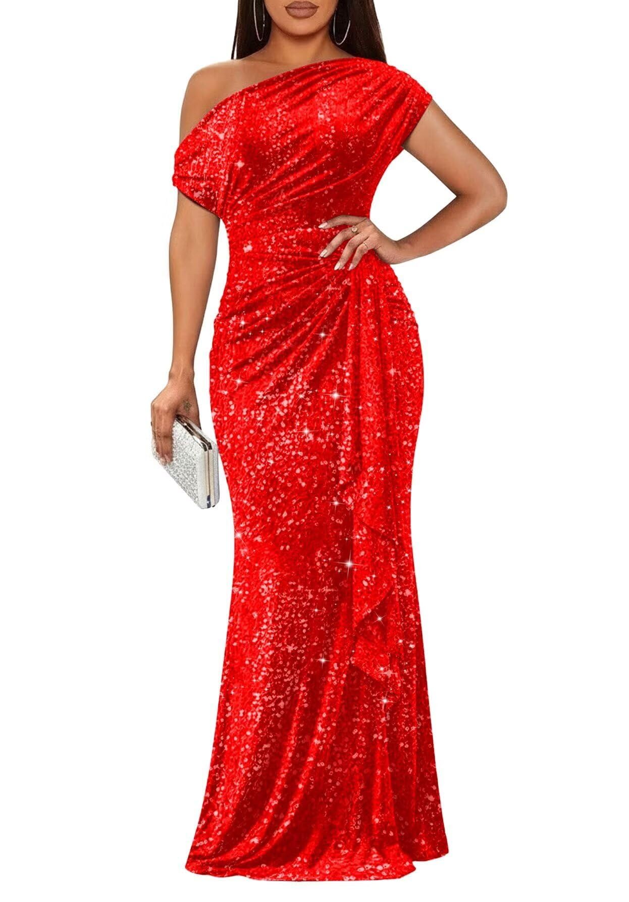 Womens One Shoulder Sequin Prom Dresses 2026 Mermaid Cocktail Formal Party Gown
