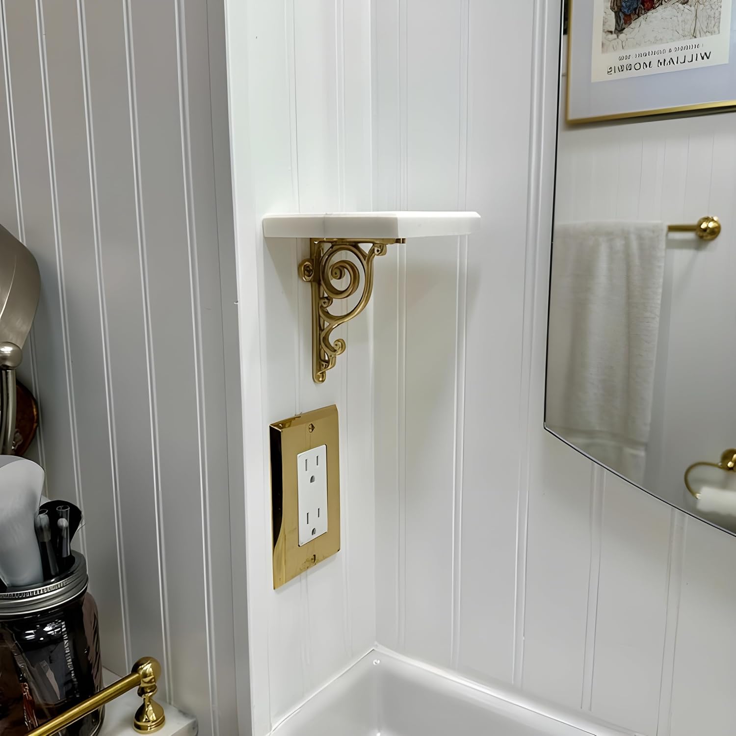STYLENT Decor Shelf Brackets with Victorian Scroll, Pack of 1 Heavy Duty Antique Brass Wall Bracket Victorian Kitchen Decorative Rack Shelves, Shelf Bracket (3" x 4" / 10cm Solid Brass )