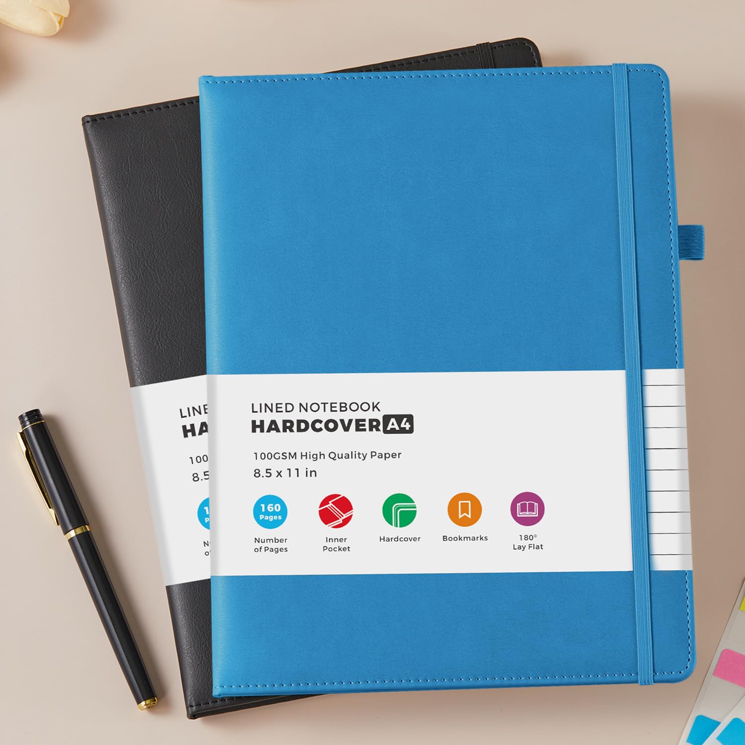 FOCUS DAY Taccuino A4 con copertina rigida, (2 pezzi), formato A4, per donne e uomini, per scrivere, formato A4 (21,5 x 28 cm), con carta a righe da 100 g/m², portapenne, copertina in pelle PU, blu e