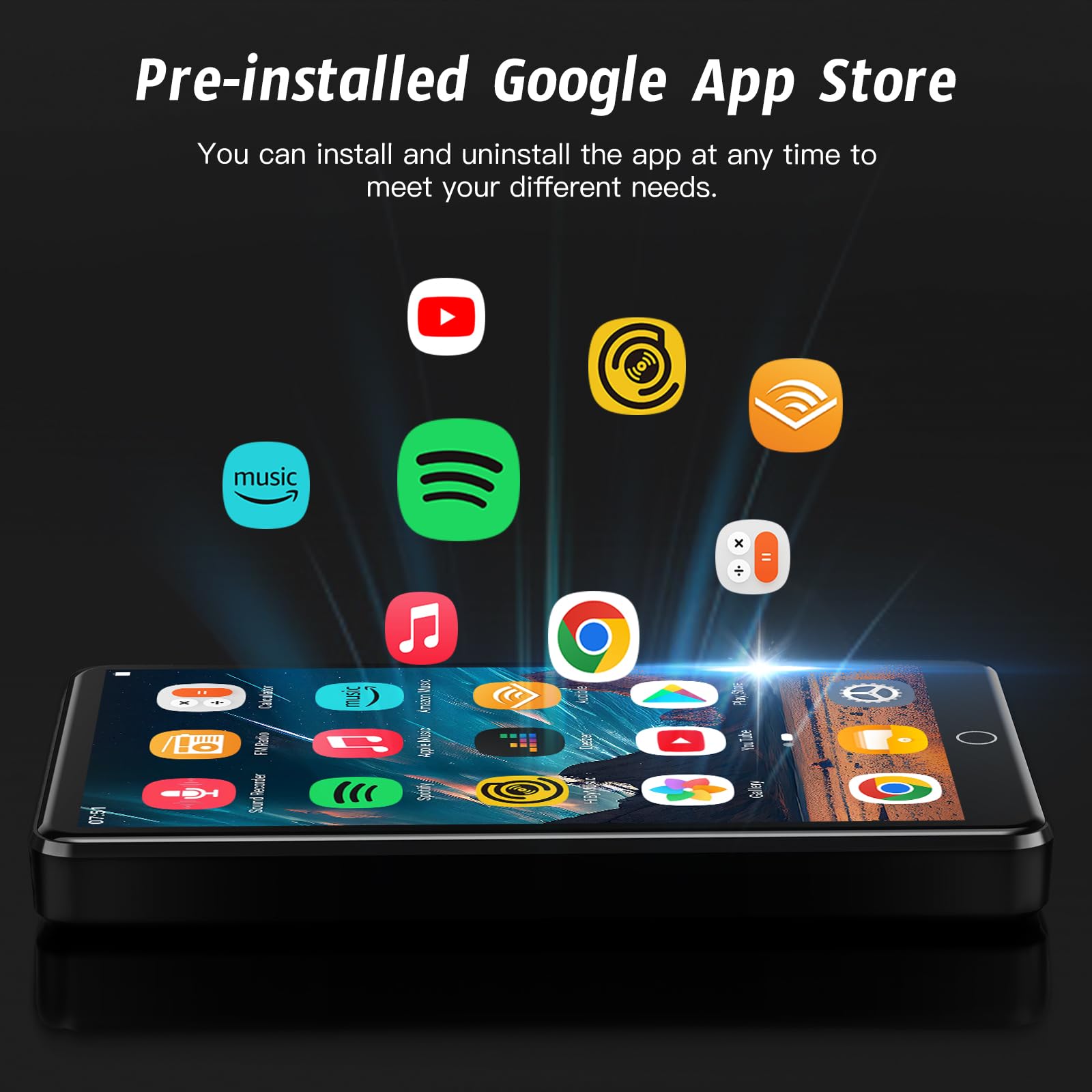 HIFI WALKER G7 MP3-speler met Spotify en camera, MP3-speler met Bluetooth en WiFi, Android mp3-speler, 144 GB, Spotify MP4-speler met luidspreker, Spotify, Music, Pandora, YouTube, Audible